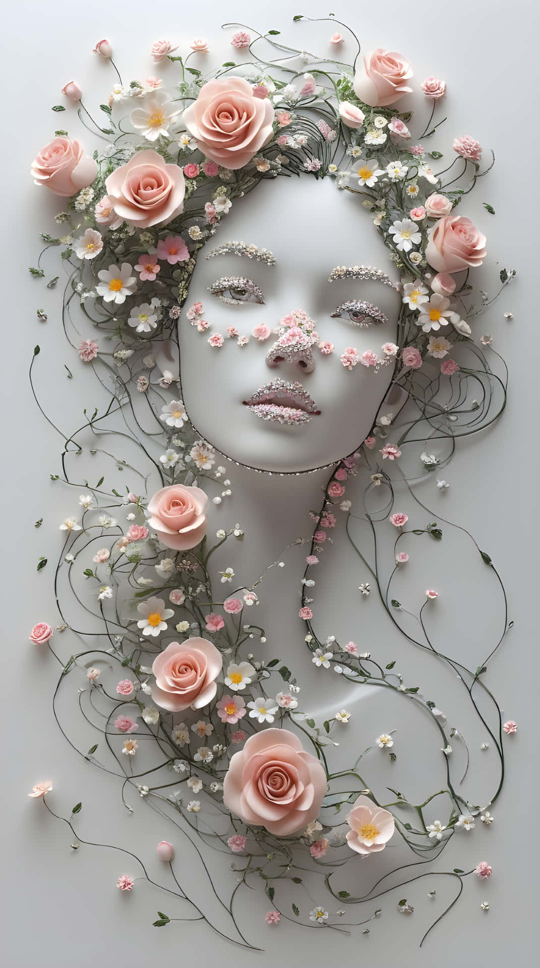 The beautiful flowers girl wallpaper 壁紙 — 一個寧靜的白色人體模型頭部，點綴著精緻的粉紅玫瑰和白色雛菊，與藤蔓交織在柔和的灰色背景上。
