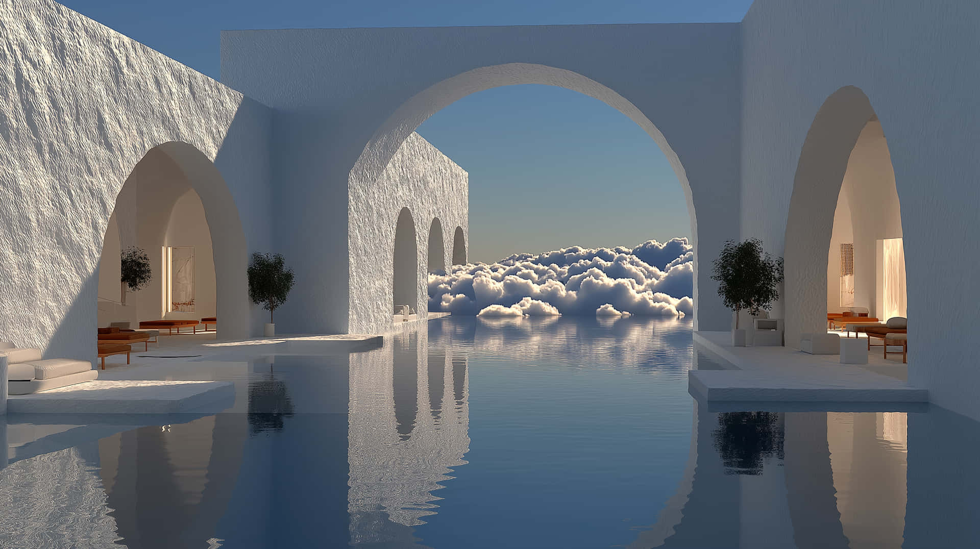 Cloud Haven Reflection 壁紙 — 一個寧靜的白色建築空間，拱形門廊框住一個平靜的無邊際泳池，在清澈的藍天下倒映著一片蓬鬆的雲海。