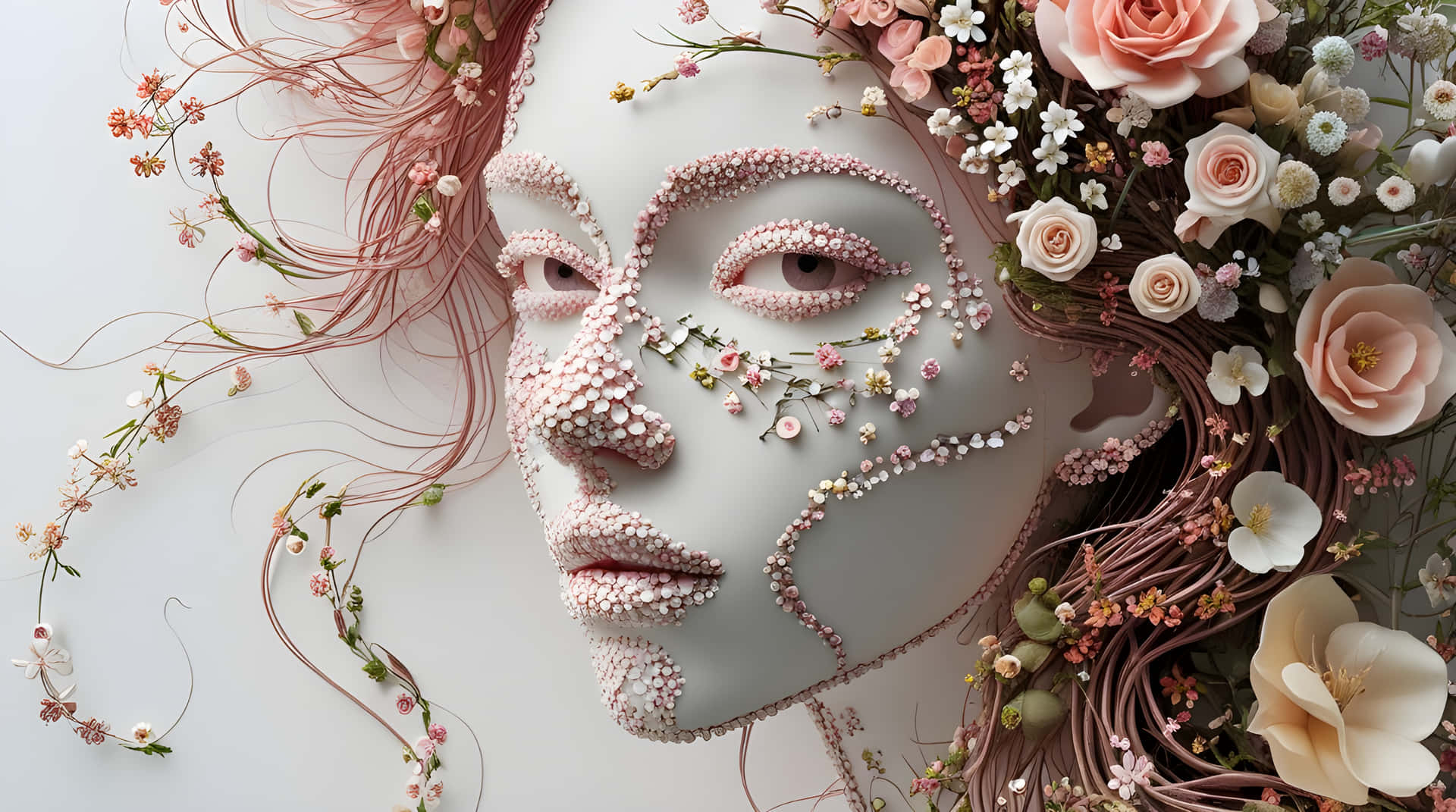 A cute flowers girl wallpaper 壁紙 — 一個寧靜的白色面孔，點綴著精緻的粉紅色和白色花朵及藤蔓，襯托在柔和的白色背景上。