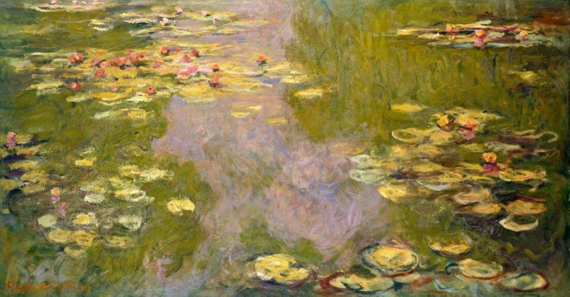Monet 桌布 壁紙 — 一個寧靜的睡蓮池塘，以印象派風格繪畫，柔和的綠色、黃色和粉紅色反射出斑駁的光線。