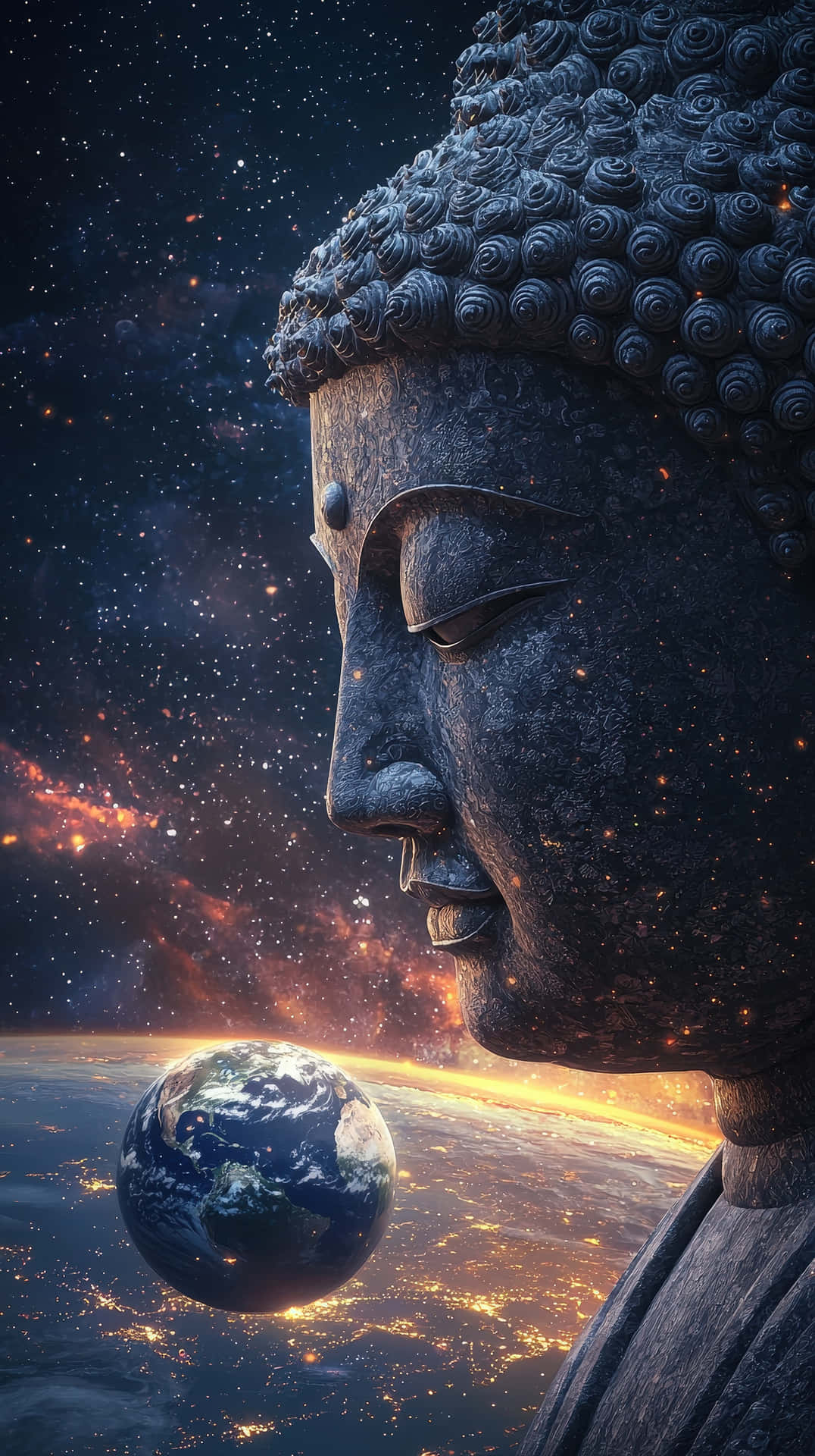 Buddha statue gazing at Earth from space 壁紙 — 一個寧靜的石佛頭俯視著漂浮在充滿星星和發光氣體雲的鮮豔宇宙星雲中的地球。