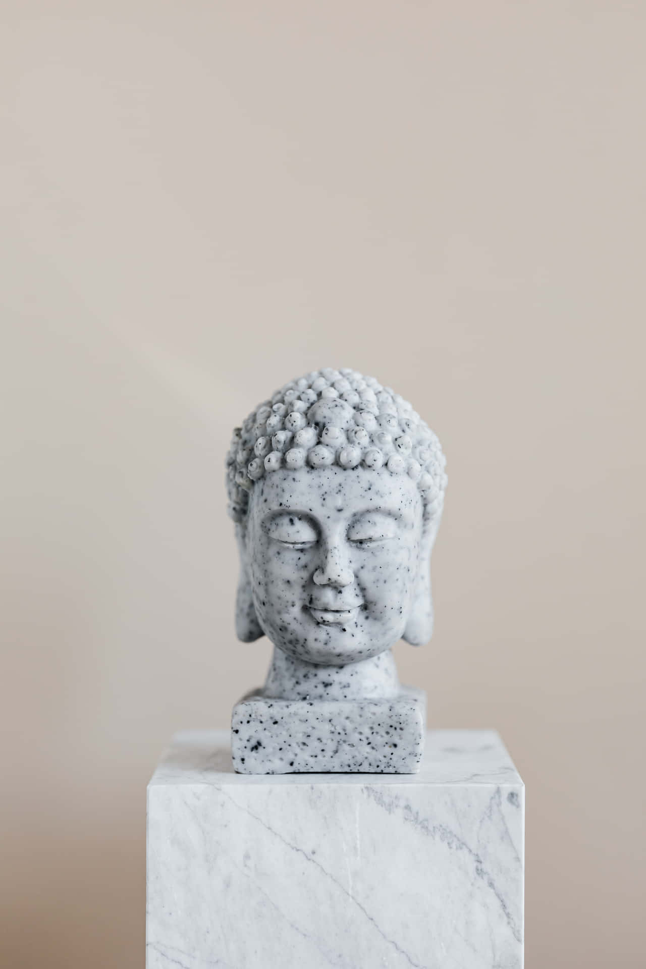 佛陀 桌布 壁紙 — 一個寧靜的石雕佛像頭部，雙眼閉合，安放在白色大理石底座上，背景是柔和的米色牆壁。
