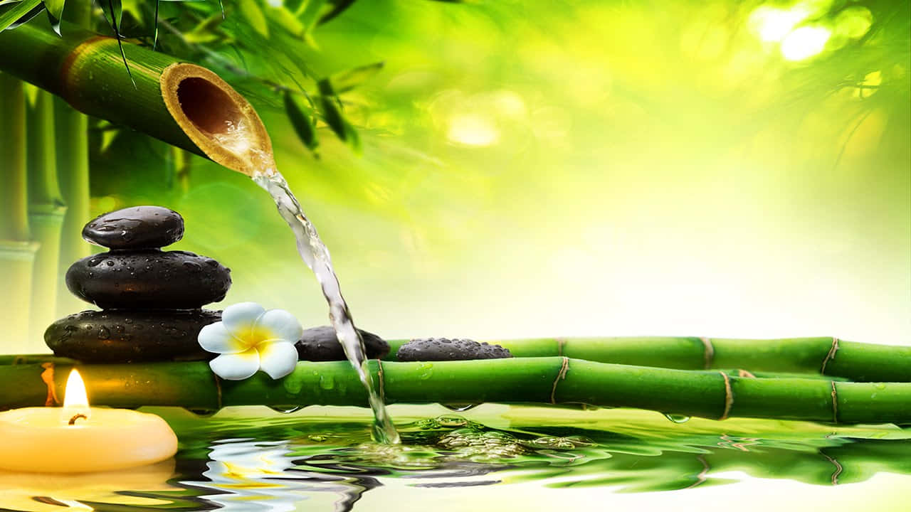 Relaxation 桌布 壁紙 — 一個寧靜的竹林場景，水從竹勺流到堆疊的黑石上，旁邊有一朵白色的雞蛋花和一支點燃的蠟燭。