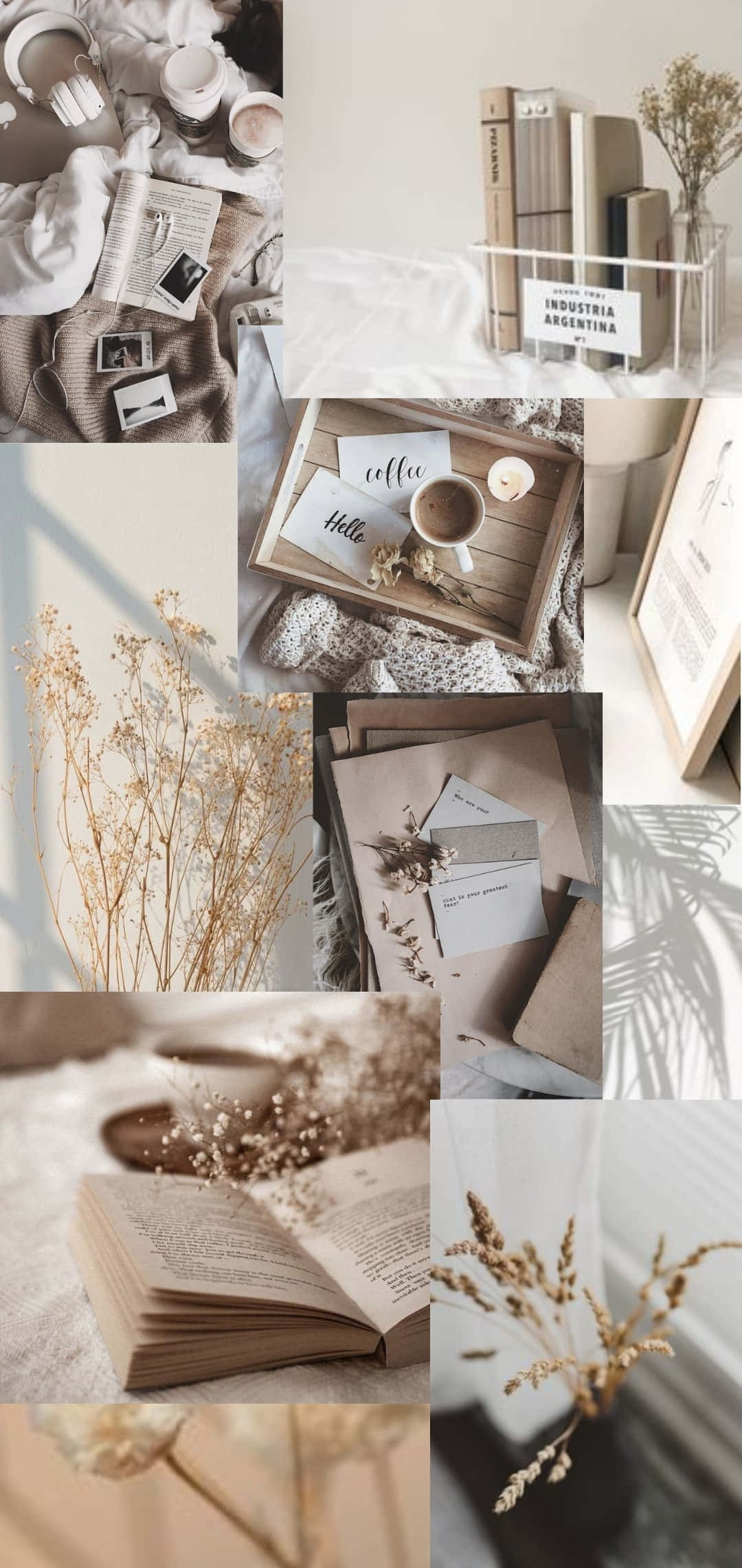 Korean Beige Aesthetic 桌布 壁紙 — 一個寧靜的米色調拼貼畫，描繪舒適的閱讀角落，配有書籍、乾燥花和咖啡時光，沐浴在柔和自然光中。