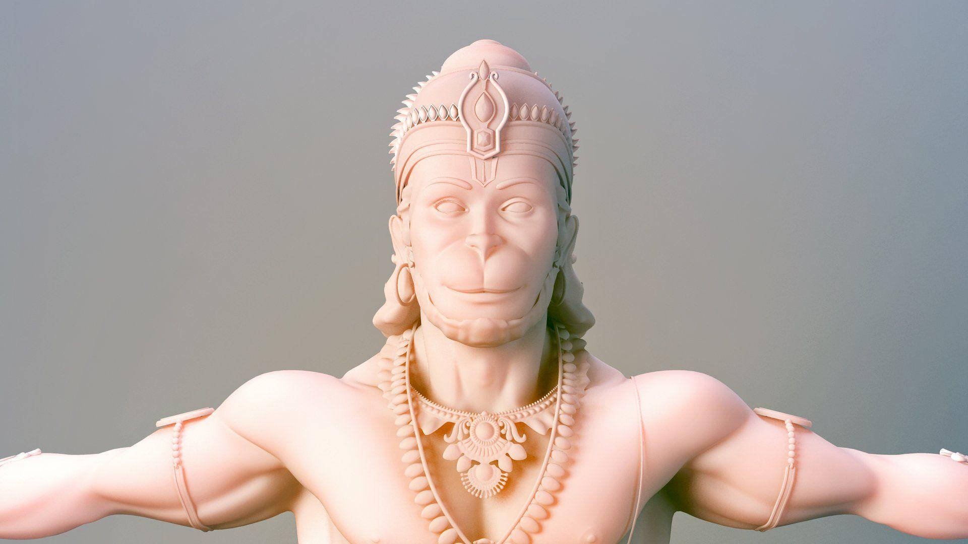 lord hanuman HD 桌布 壁紙 — 一個寧靜的粉紅色3D渲染哈努曼雕像，雙臂伸展，背景是柔和的灰色。