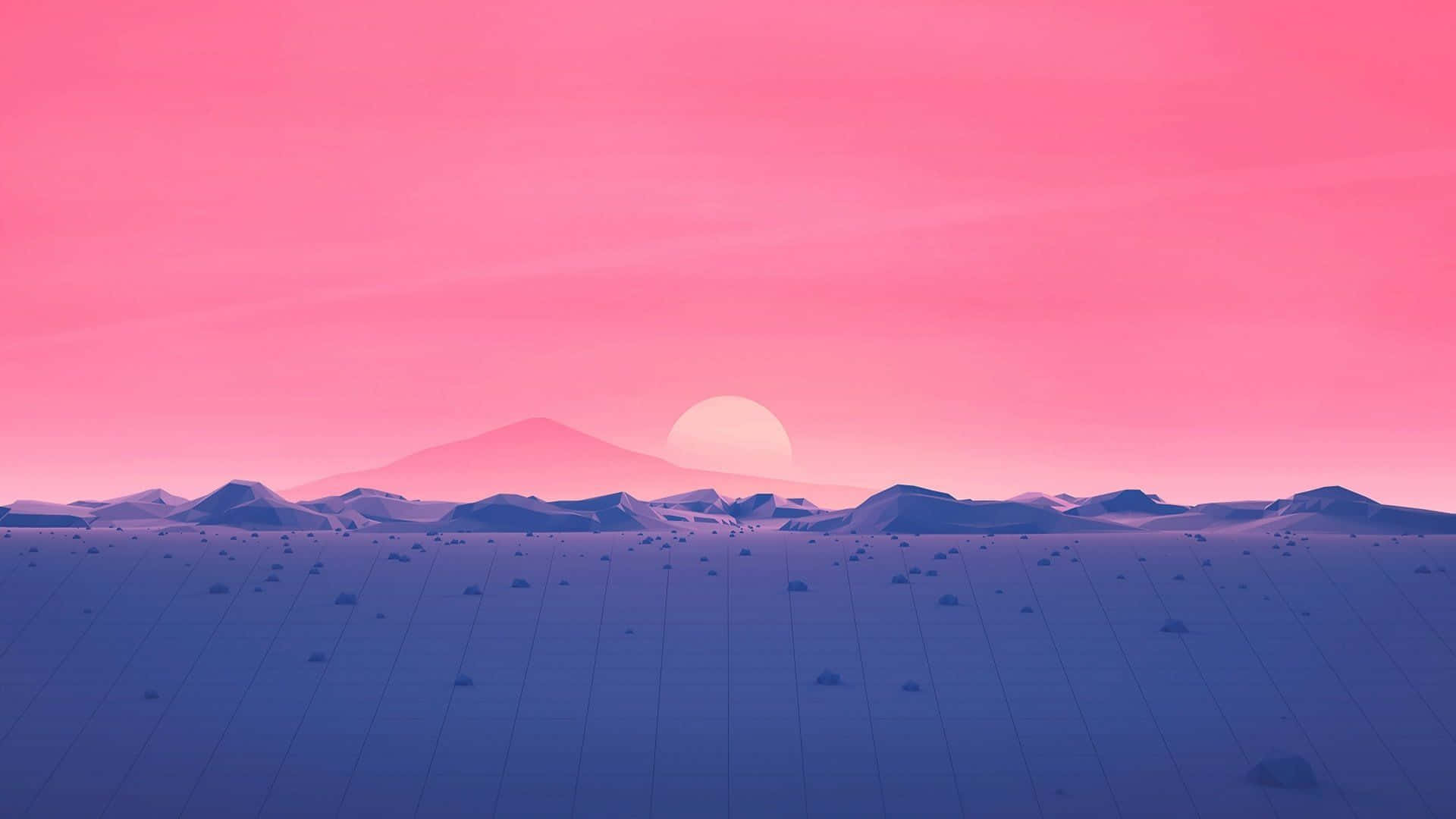 Calm Aesthetic Desktop 桌布 壁紙 — 一個寧靜的粉紅色和紫色日落，位於極簡山脈之上，發光的太陽映照在網格圖案的平原上。