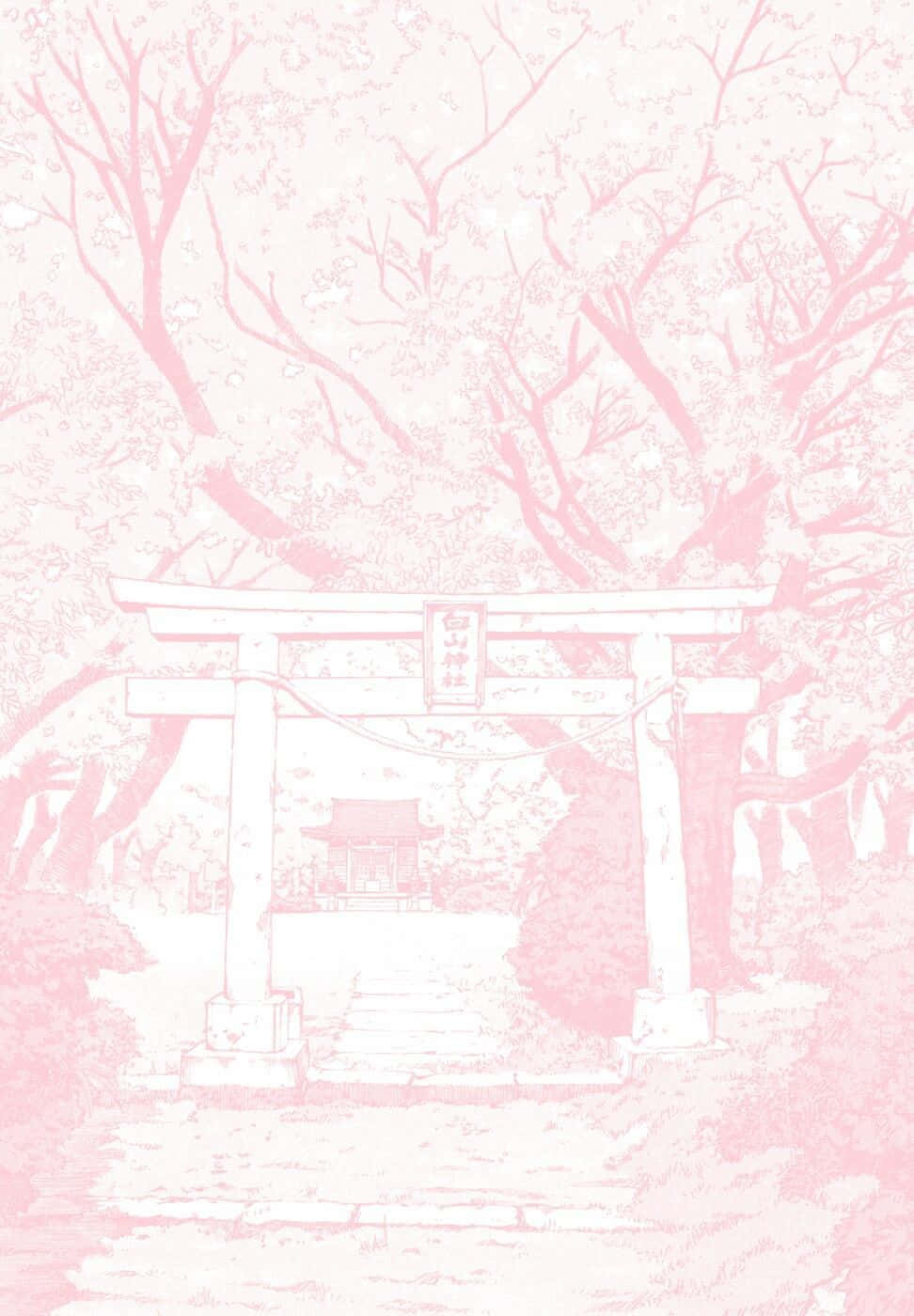 Cherry Blossoms Anime Scenery 桌布 壁紙 — 一個寧靜的粉紅色調插圖，描繪傳統日本鳥居，周圍環繞著櫻花樹。