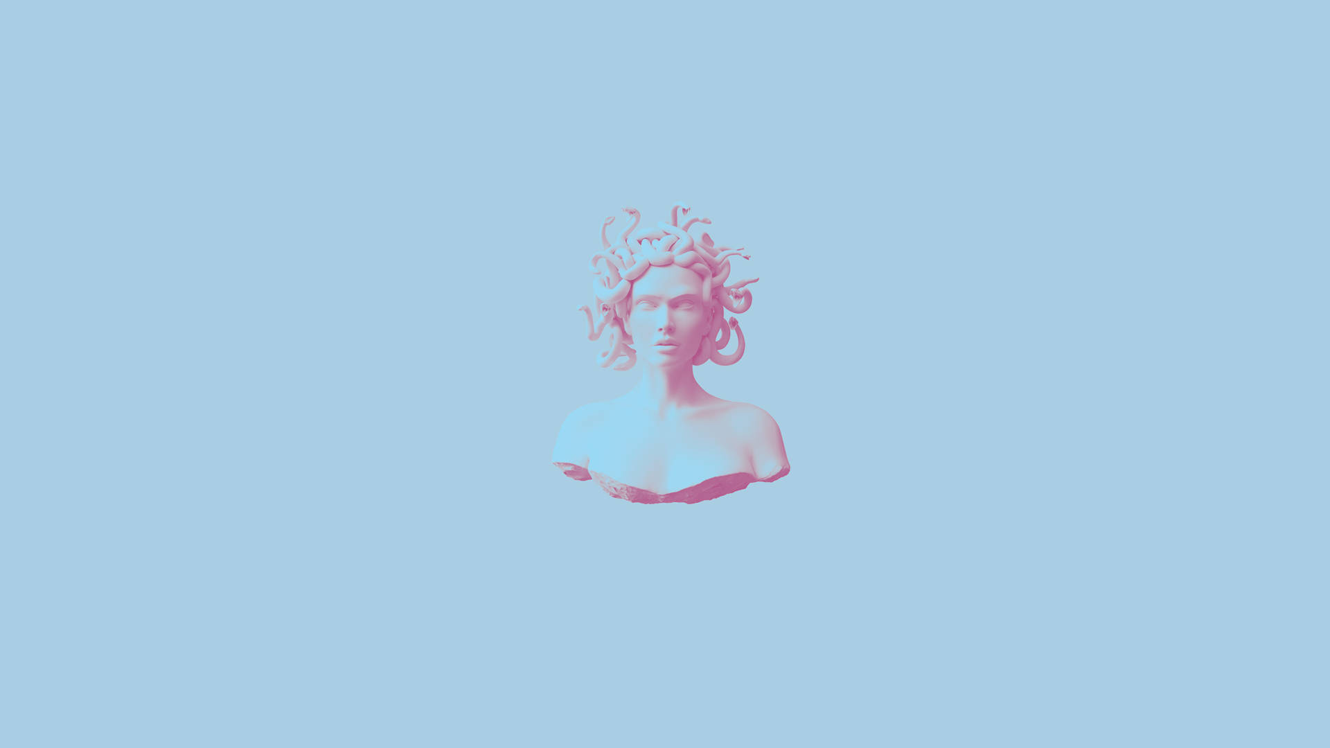 Greek Aesthetic 桌布 壁紙 — 一個寧靜的粉紅色調美杜莎半身雕塑漂浮在柔和的藍色背景上，呈現極簡美學。