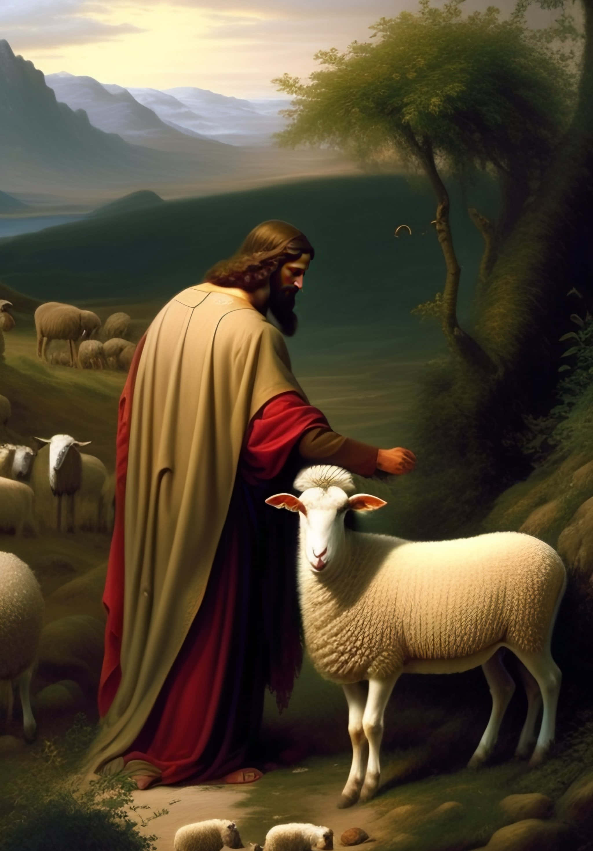 Jesus With Sheep 桌布 壁紙 — 一個寧靜的聖經場景，描繪一位鬍鬚男子身穿紅色和金色長袍，在翠綠的山谷中溫柔地觸摸一隻白色的羊，遠處有山巒，天空柔和金黃。
