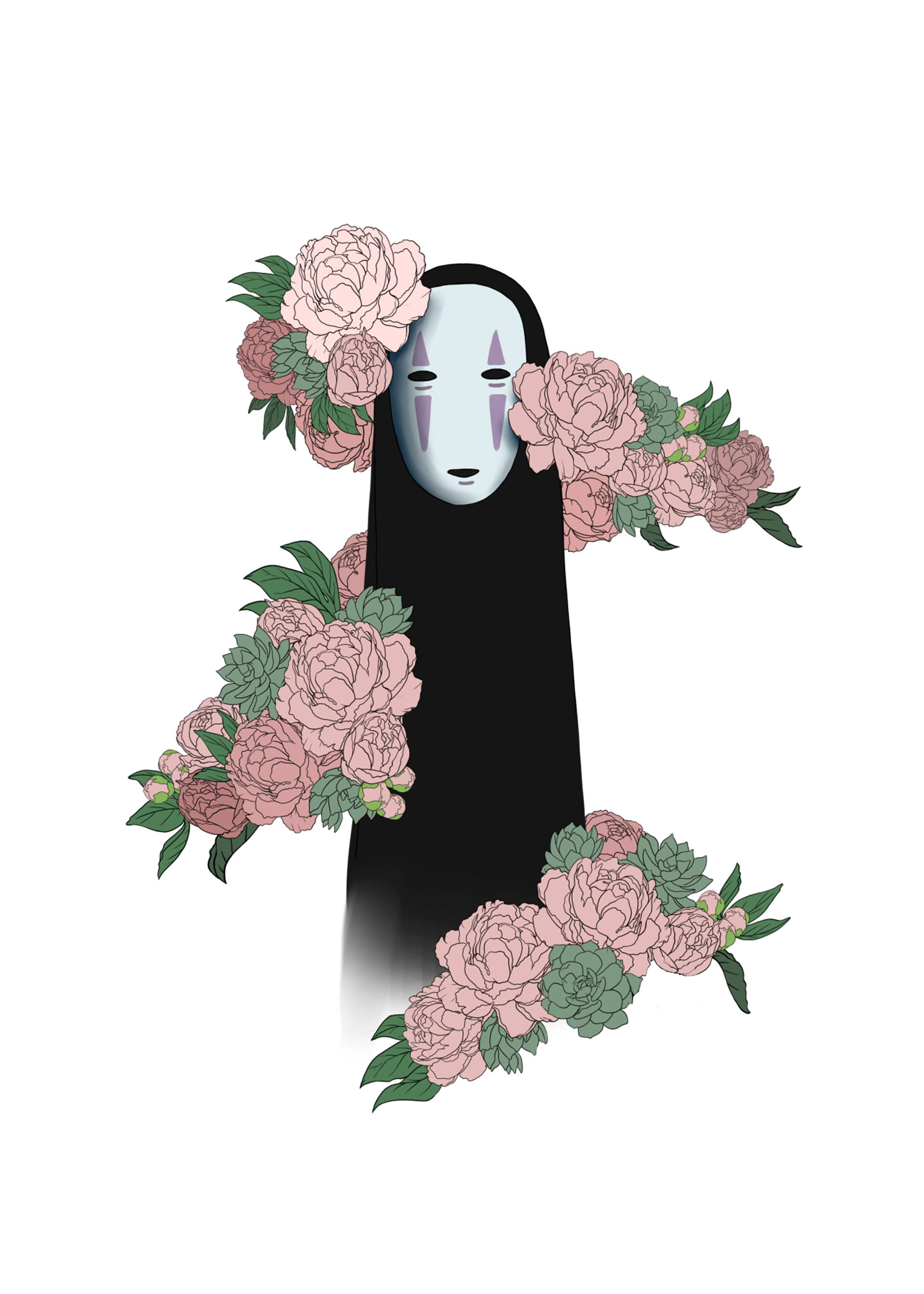 No Face 桌布 壁紙 — 一個寧靜的蒙面人物身穿黑色，在純白背景上點綴著茂盛的粉紅色牡丹和綠色多肉植物。