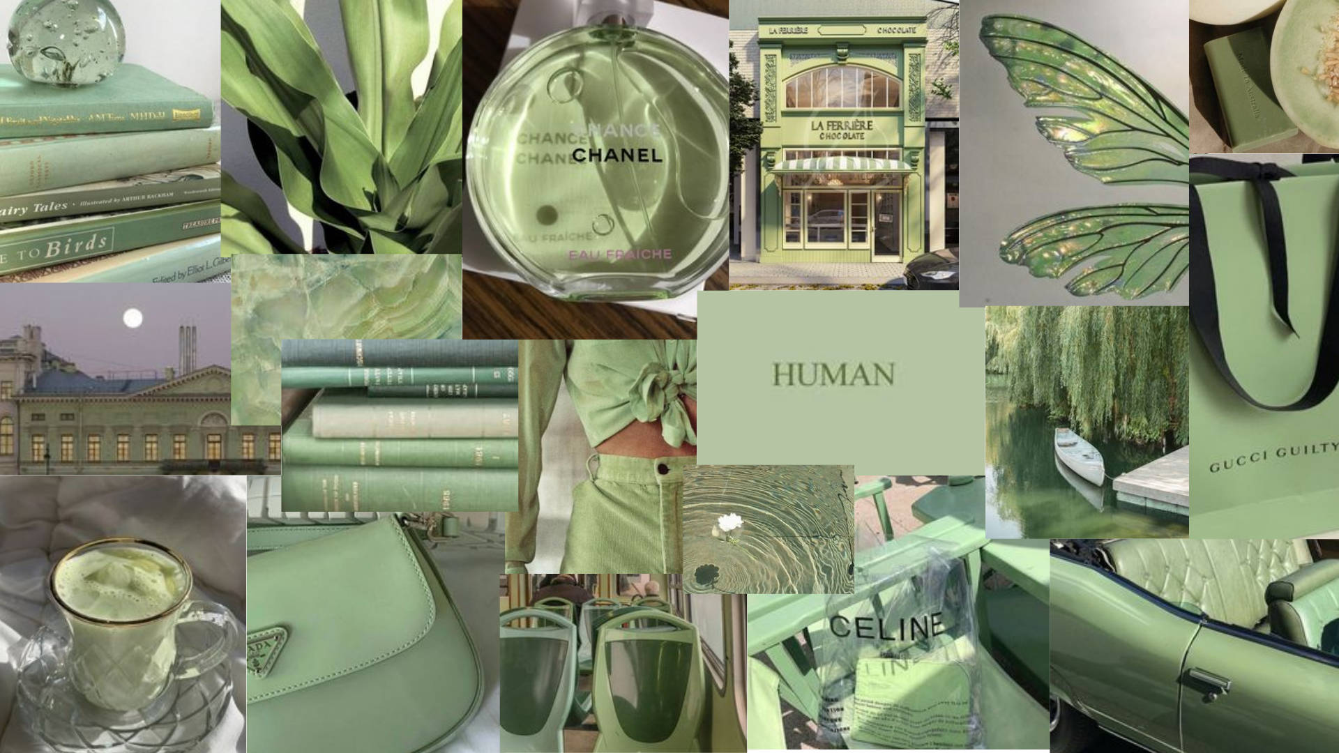 Pastel Green Aesthetic Laptop 桌布 壁紙 — 一個寧靜的薄荷綠色拼貼畫，以舒緩的單色調色板統一了奢侈品、書籍、自然和建築。