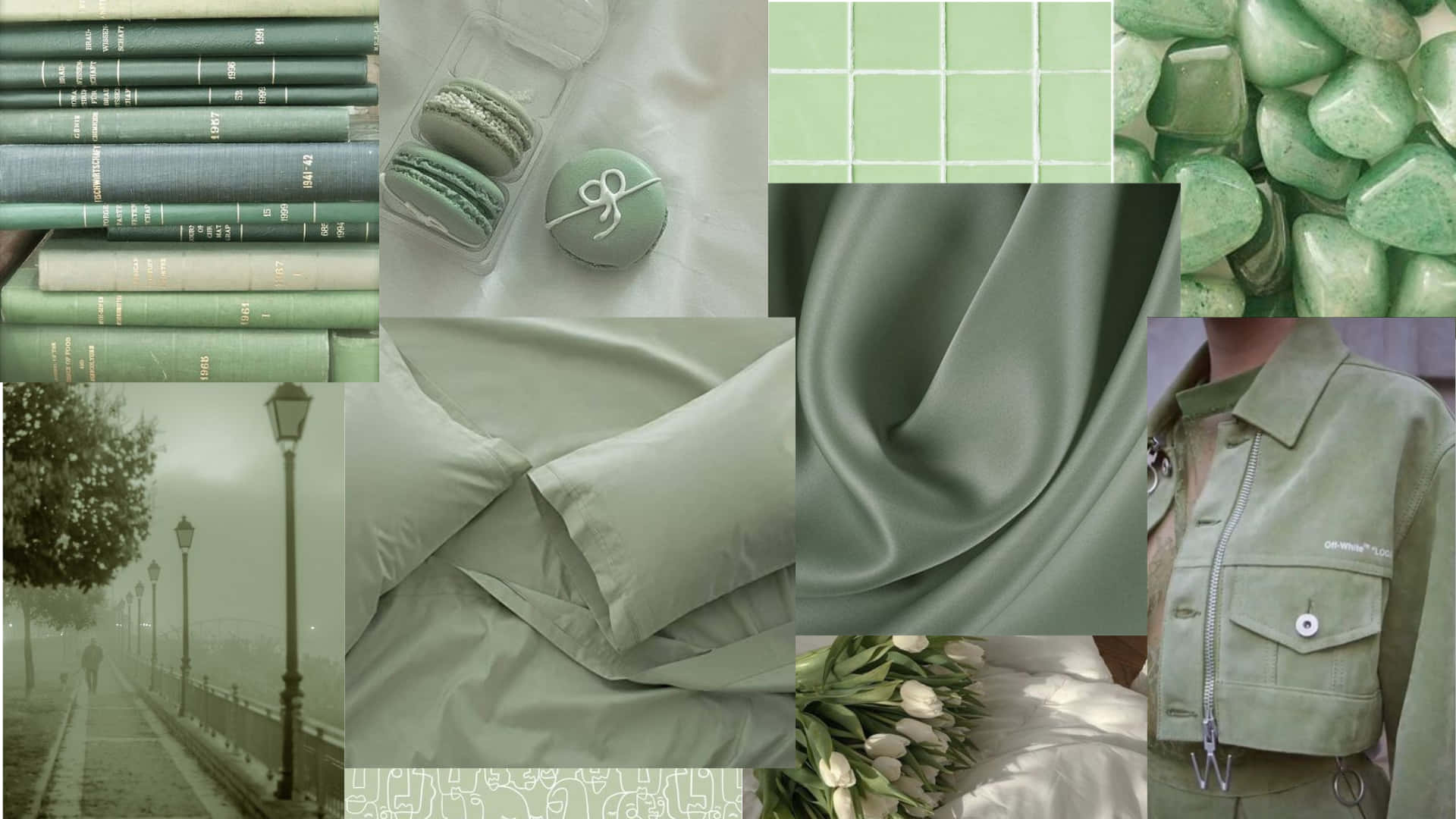 Sage Green Collage 桌布 壁紙 — 一個寧靜的薄荷綠色拼貼畫，包含書籍、馬卡龍、布料、街景和服裝，採用柔和的單色調。