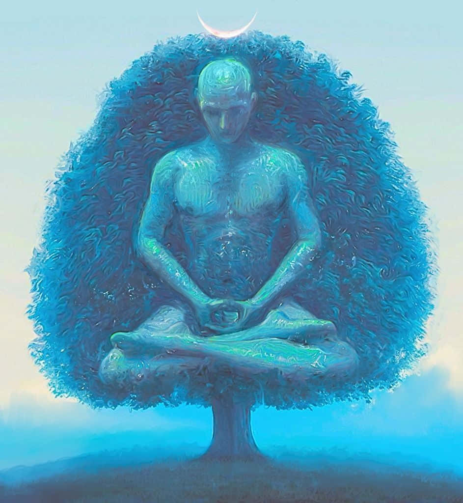 Transcendental 桌布 壁紙 — 一個寧靜的藍皮膚人物在樹頂上冥想，新月在其冠冕上方，天空平靜。