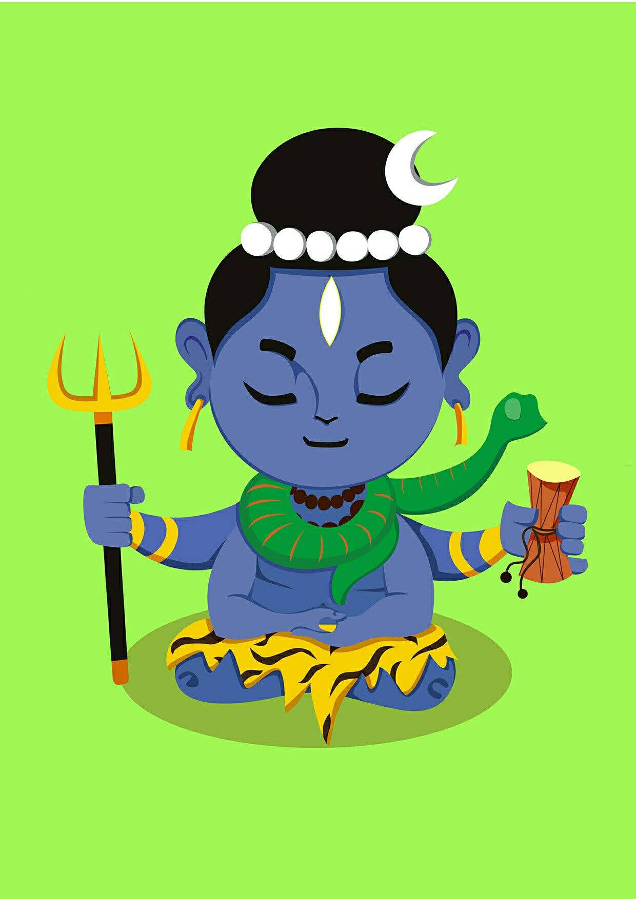 bhole baba 桌布 壁紙 — 一個寧靜的藍皮膚卡通神祇閉著眼睛盤腿而坐，手持三叉戟和鼓，一條綠蛇纏繞在他的脖子上，背景是明亮的綠色。
