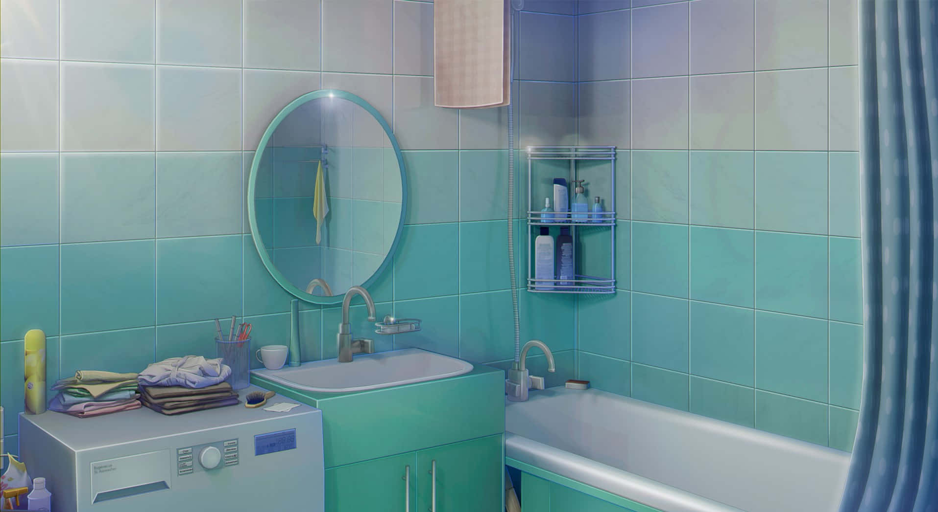 Bathroom Decor 桌布 壁紙 — 一個寧靜的藍綠色和白色浴室，洗手盆上方有圓形鏡子，洗衣機旁邊有浴缸。