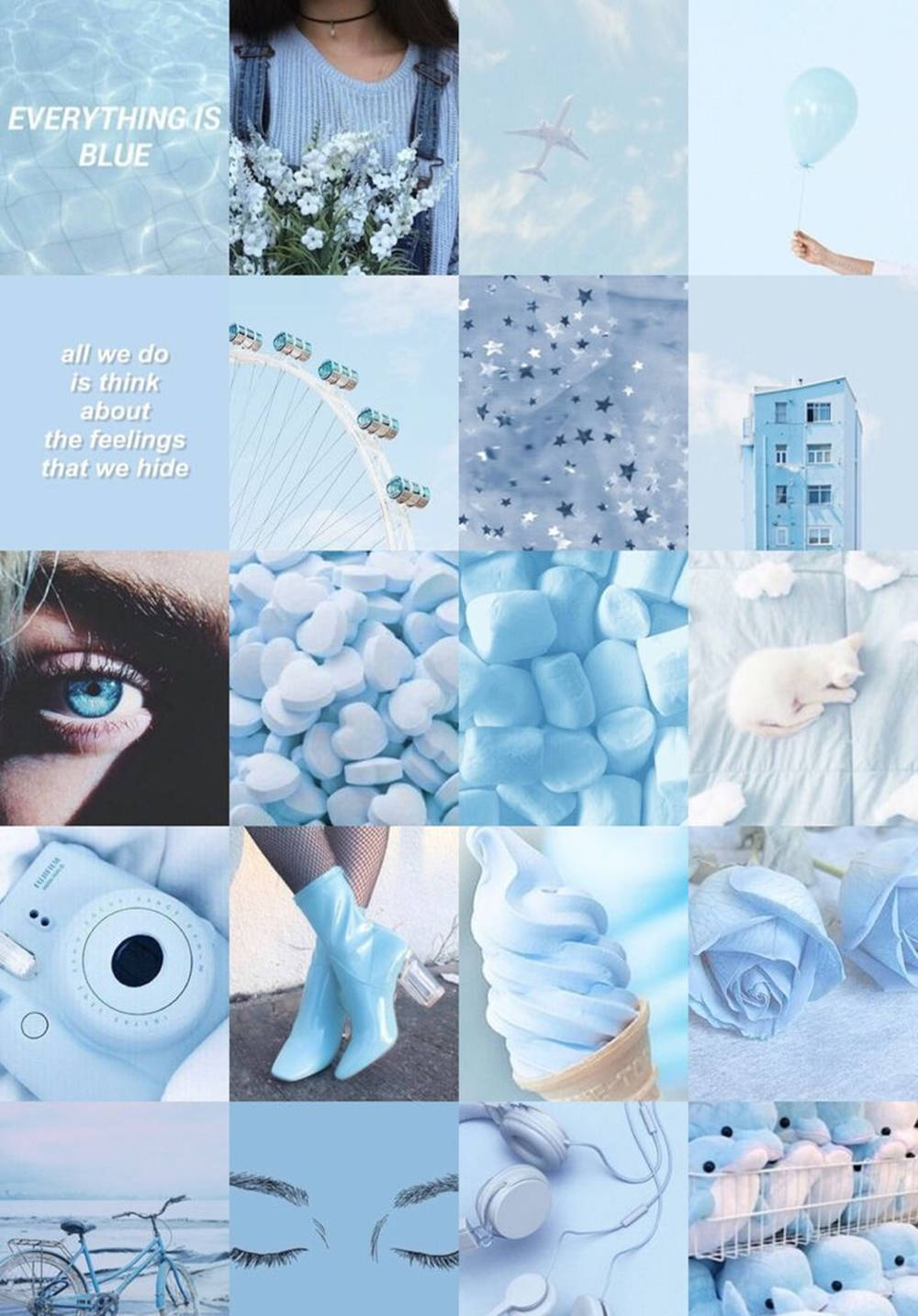 Tumblr 文青風 桌布 壁紙 — 一個寧靜的藍色主題拼貼畫， featuring 一個人與花朵、摩天輪、一隻睡覺的貓，以及各種藍色物品如冰淇淋和靴子。