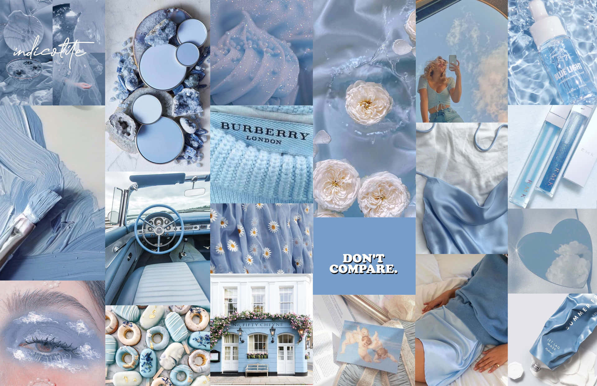 Pastel Blue Aesthetic Desktop 桌布 壁紙 — 一個寧靜的藍色主題拼貼畫，以柔和粉彩呈現時尚配飾、鮮花、汽車和生活風格時刻。