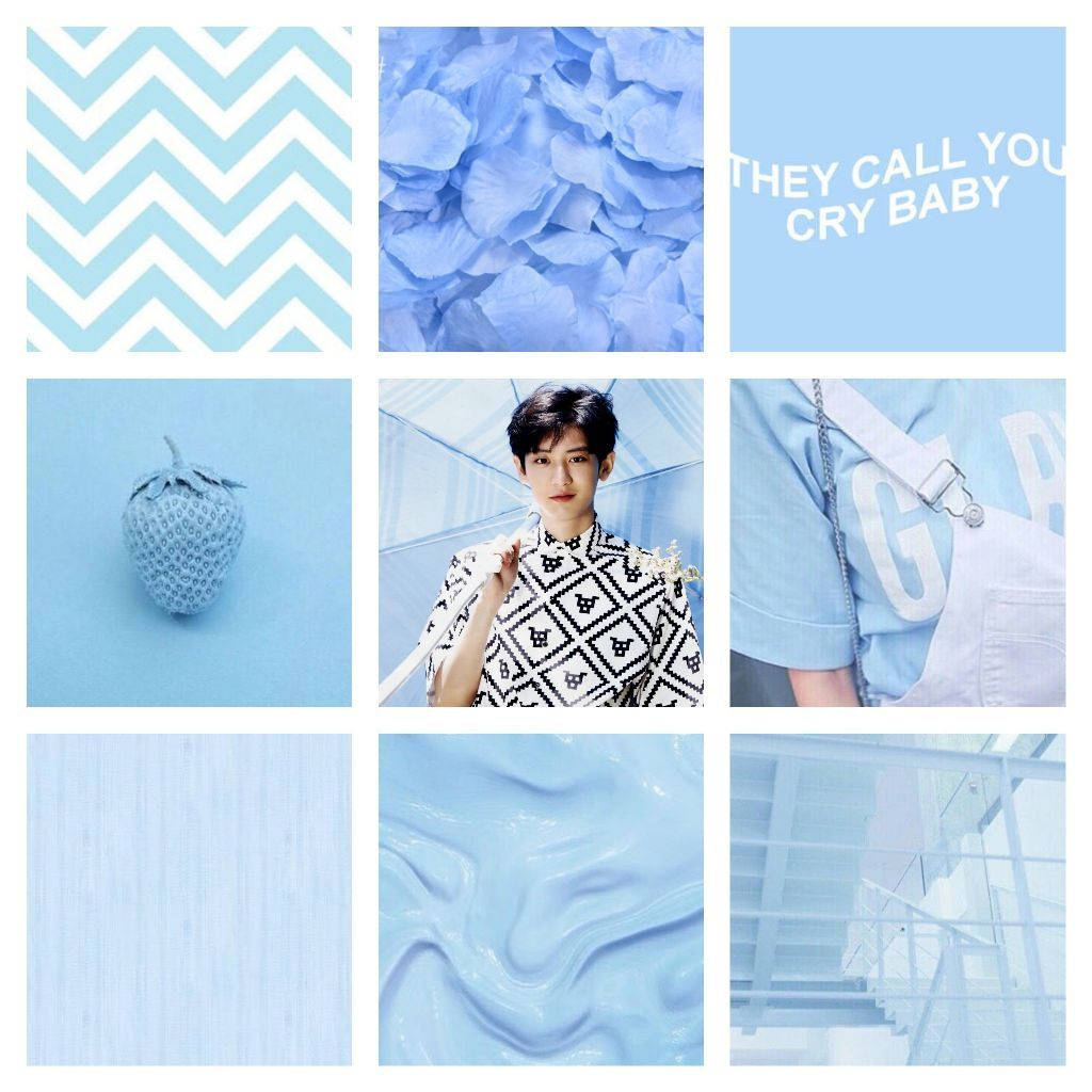 Aesthetic Baby Blue 桌布 壁紙 — 一個寧靜的藍色主題拼貼畫，包含鋸齒圖案、花瓣、文字、草莓、布料和一個在傘下的年輕男子。