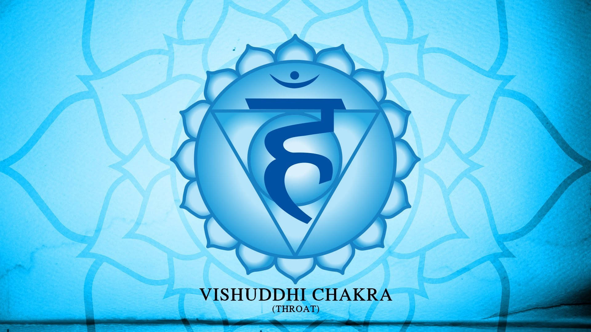 chakra 桌布 壁紙 — 一個寧靜的藍色喉輪符號從蓮花中心散發出來，背景是帶紋理的淺綠色。
