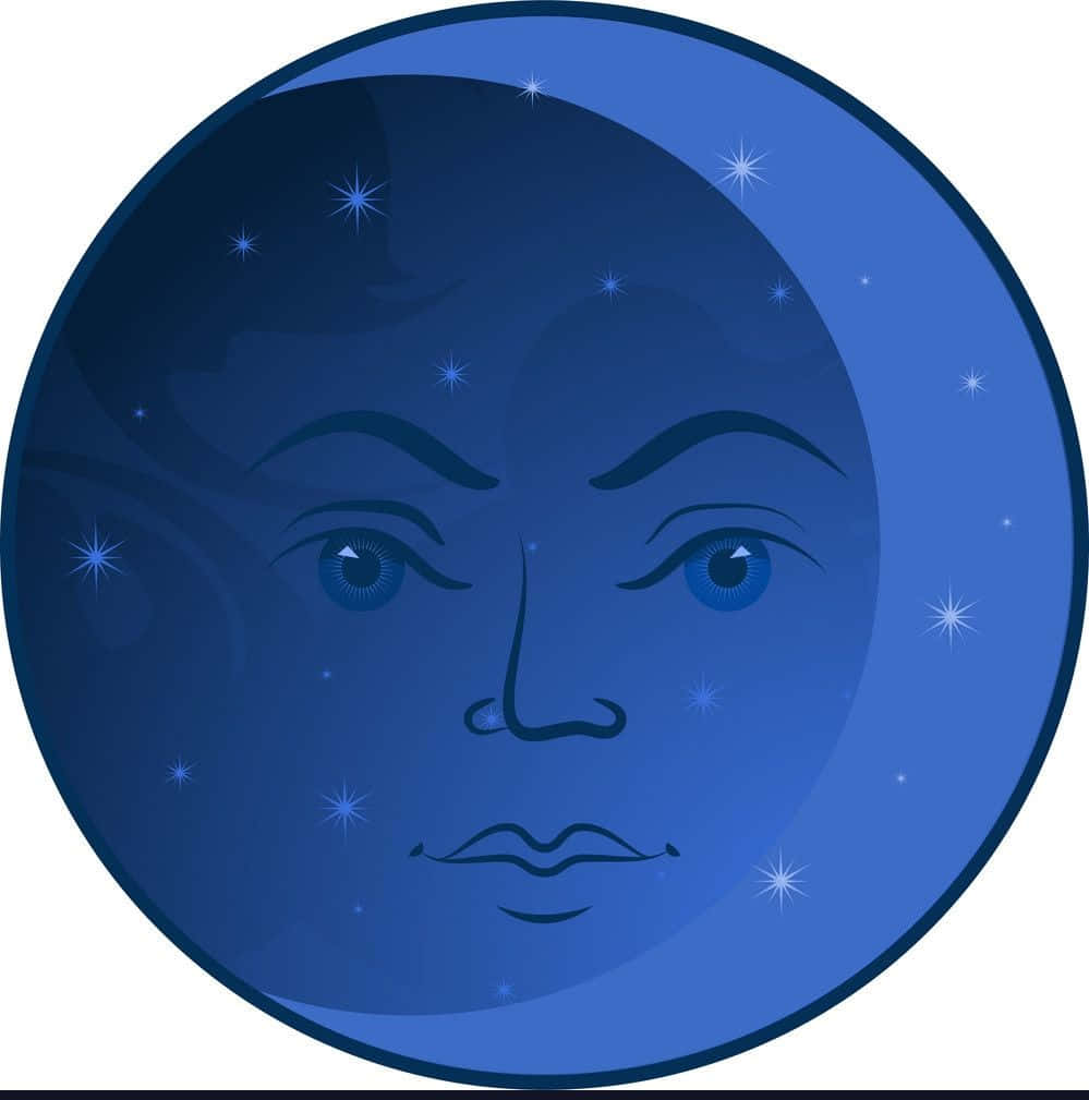 Moon Face 桌布 壁紙 — 一個寧靜的藍色新月，帶有溫柔的臉龐和表面閃爍的星星。