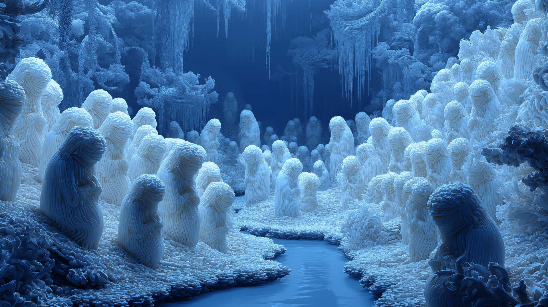 Frozen Alien Landscape: White Creatures and Icy Caverns 壁紙 — 一個寧靜的藍色洞穴，充滿無數白色跪姿雕像，環繞著蜿蜒的小溪。