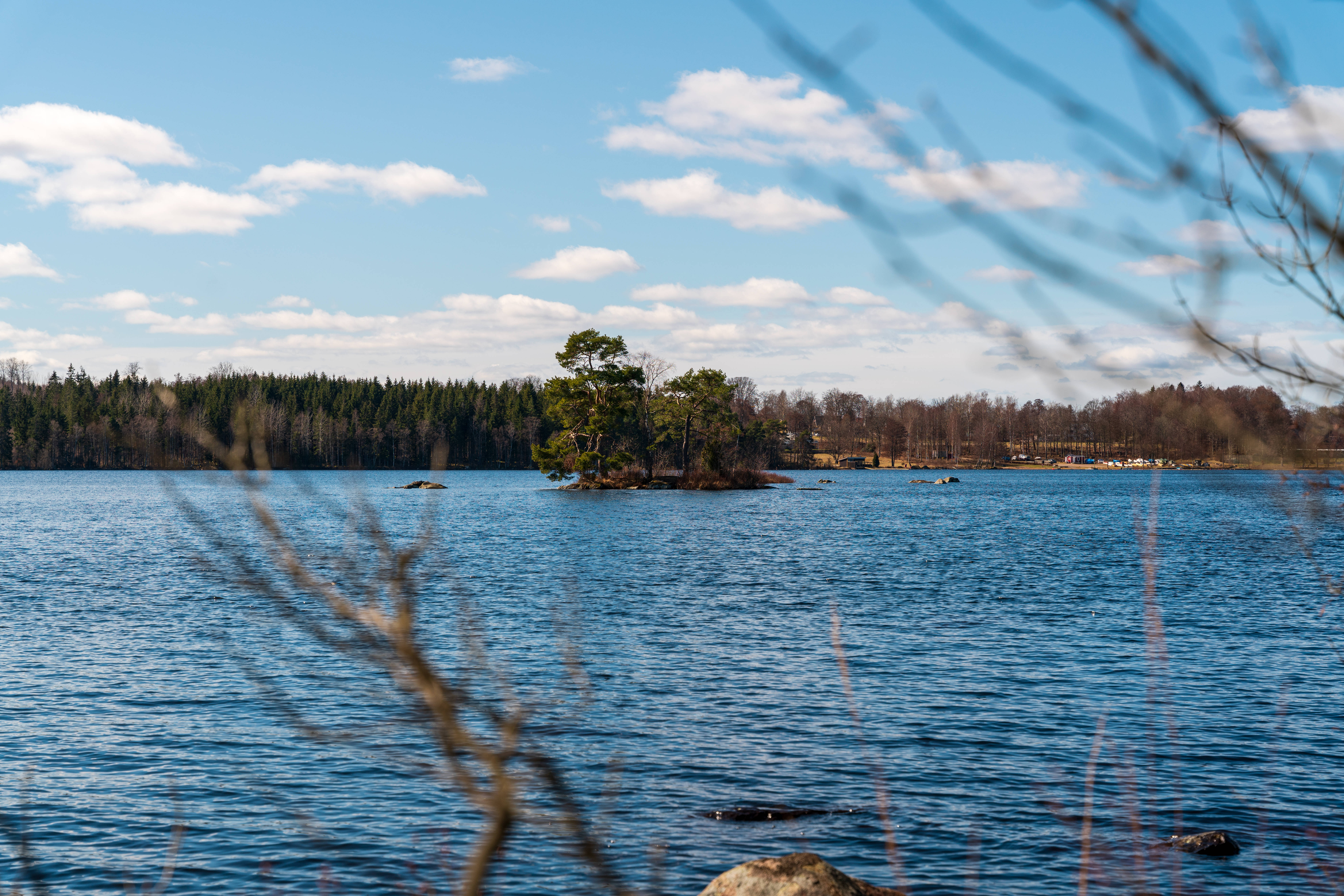 Sweden 桌布 壁紙 — 一個寧靜的藍色湖泊，有一個被光禿禿的樹枝框住的小樹島，天空部分多雲。