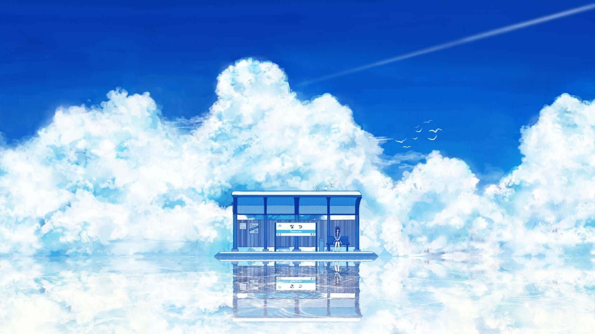 Cute Aesthetic Anime Desktop 桌布 壁紙 — 一個寧靜的藍色車站漂浮在蓬鬆的白雲之上，天空晴朗，鳥兒在頭頂飛翔。