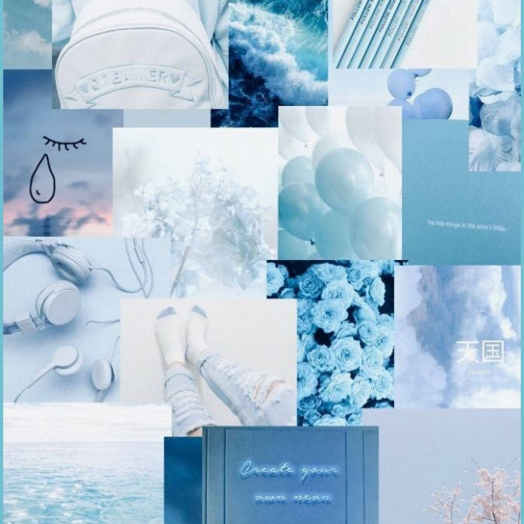 Aesthetic Baby Blue 桌布 壁紙 — 一個寧靜的藍調拼貼畫，包含氣球、鮮花、耳機和夢幻天空，喚起平靜的內省。