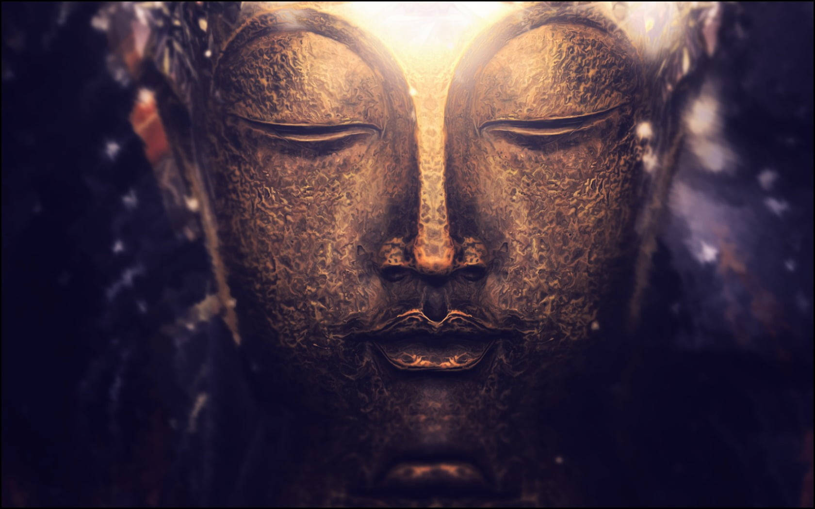 black buddha 桌布 壁紙 — 一個寧靜的金色佛像臉龐在黑暗的宇宙背景下散發著神聖的光芒，並有漂浮的粒子。