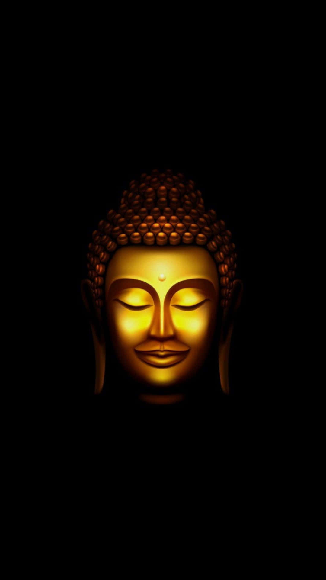 黑色 桌布 壁紙 — 一個寧靜的金色佛像頭部，閉著眼睛，帶有肉髻，在純黑色背景上柔和地發光。