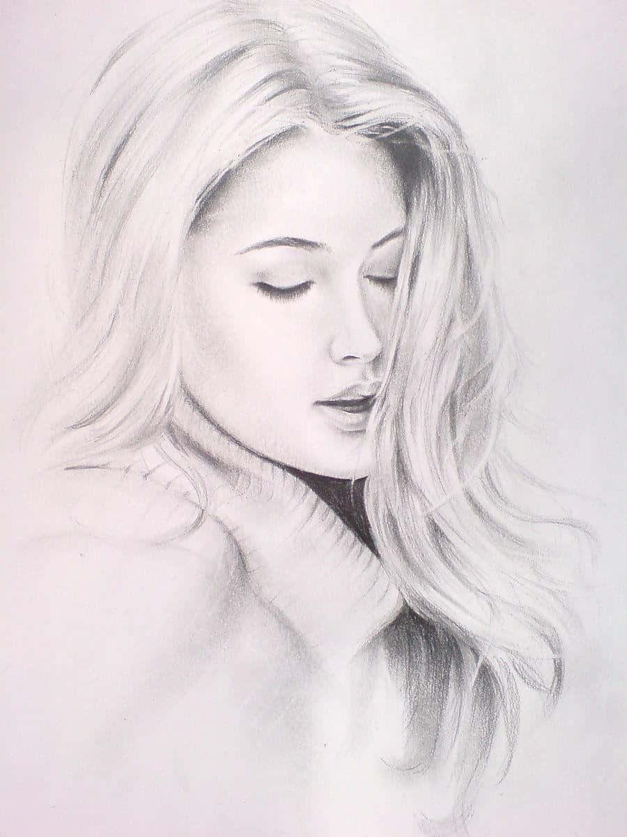 Pencil Drawing 桌布 壁紙 — 一個寧靜的鉛筆素描，描繪一位閉著眼睛、飄逸金髮的女性，手輕輕觸碰她的脖子。