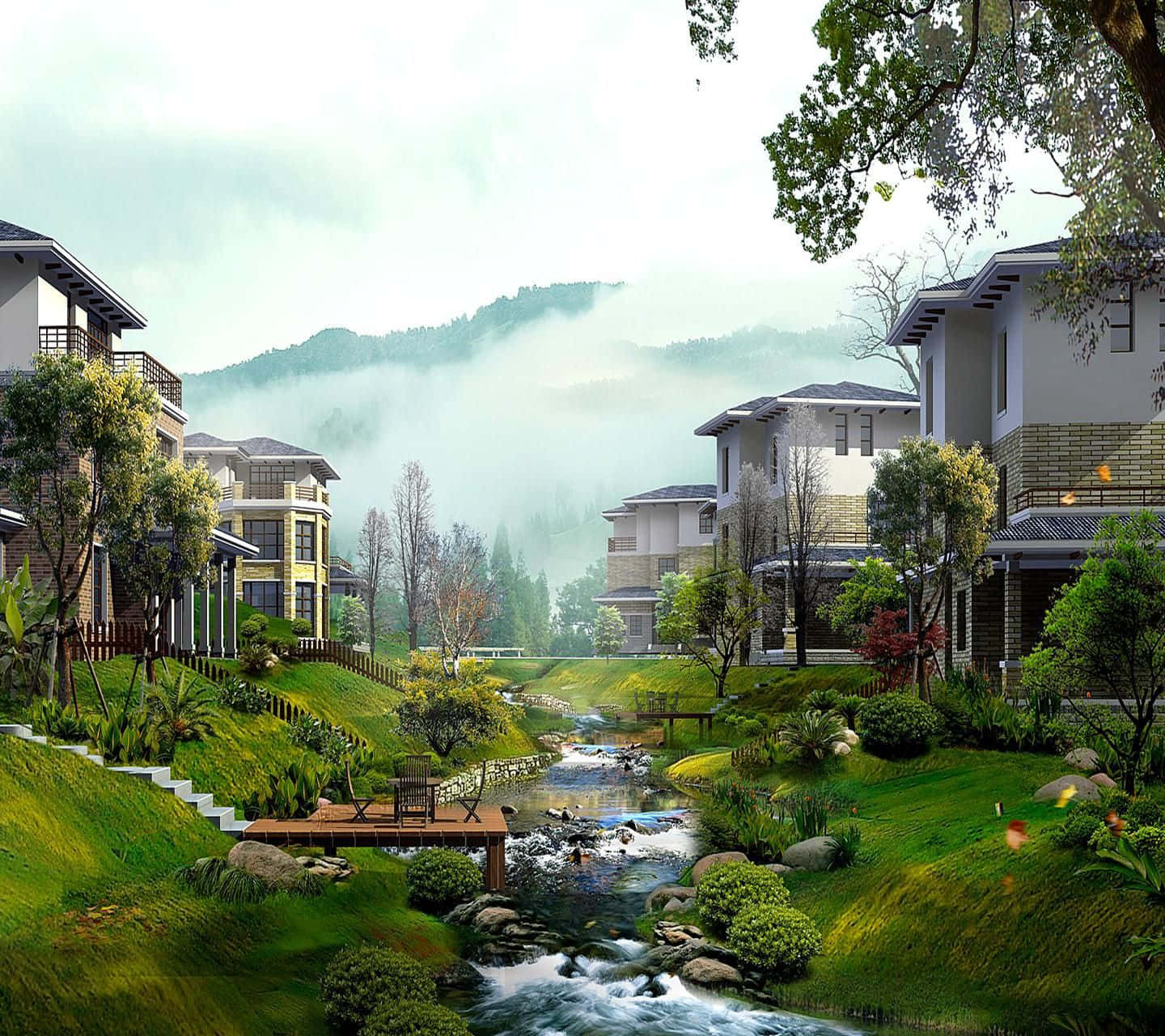 風景 桌布 壁紙 — 一個寧靜的霧谷，現代房屋沿著湍急的溪流而建，周圍環繞著茂密的綠植和遠山。