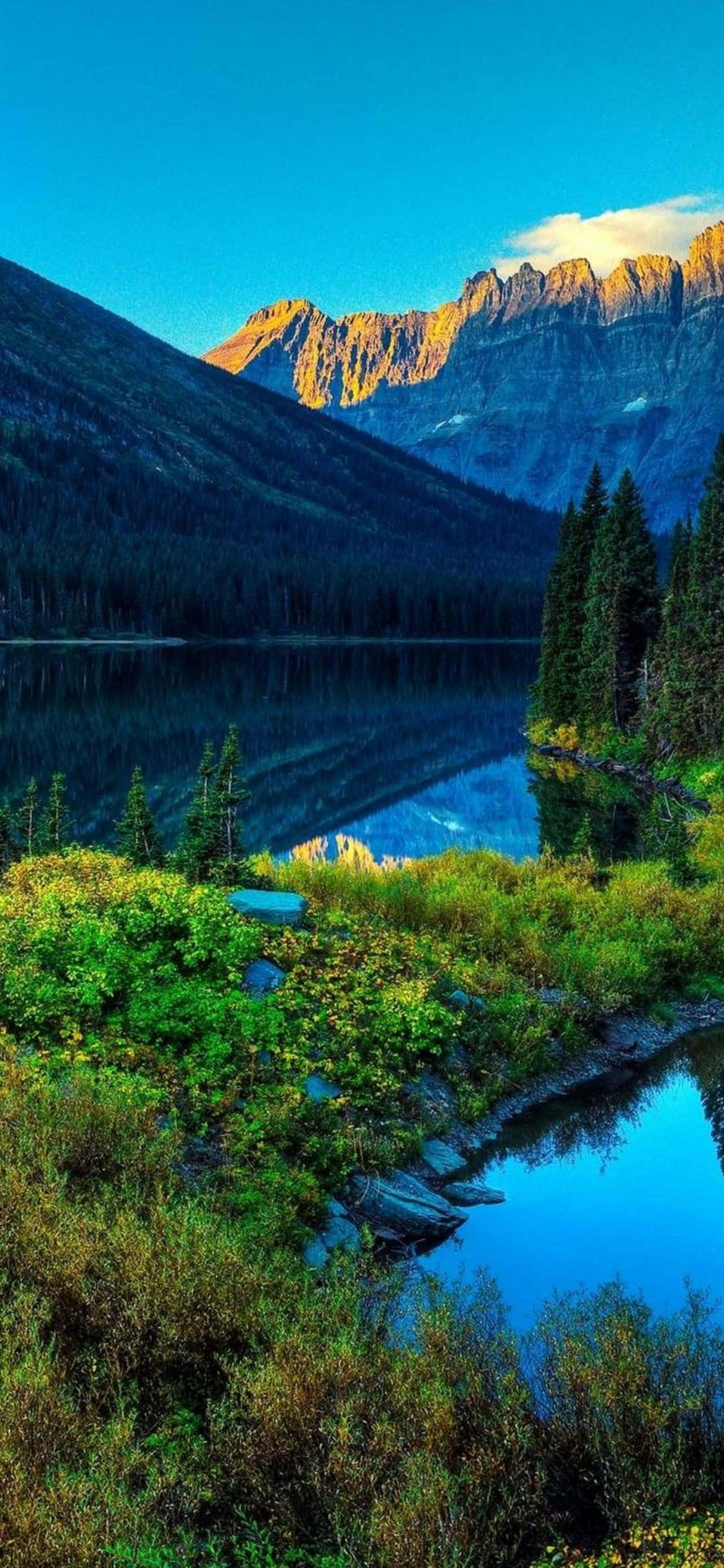 Mountain iPhone 桌布 壁紙 — 一個寧靜的高山湖泊映照著陽光普照的鋸齒狀山脈，在清澈的藍天下，湖岸綠意盎然。