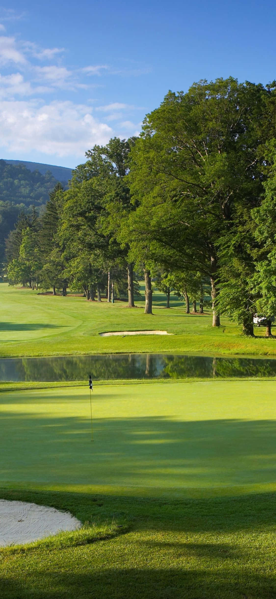 iPhone X Golf Course 桌布 壁紙 — 一個寧靜的高爾夫球場，擁有茂密的綠色球道、平靜的水障礙區和高大的樹木，在明亮的藍天白雲下。