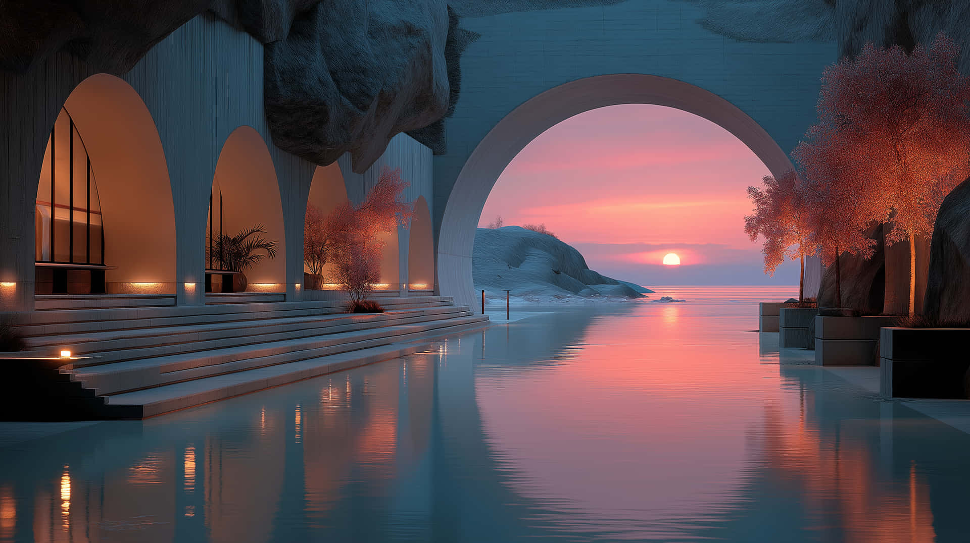 Coastal Architecture with Reflective Pool and Sunset Vista 壁紙 — 一個寧靜的黃昏場景，現代建築結構帶有發光的拱門，框住了平靜的海洋日落，倒映在寧靜的泳池中。