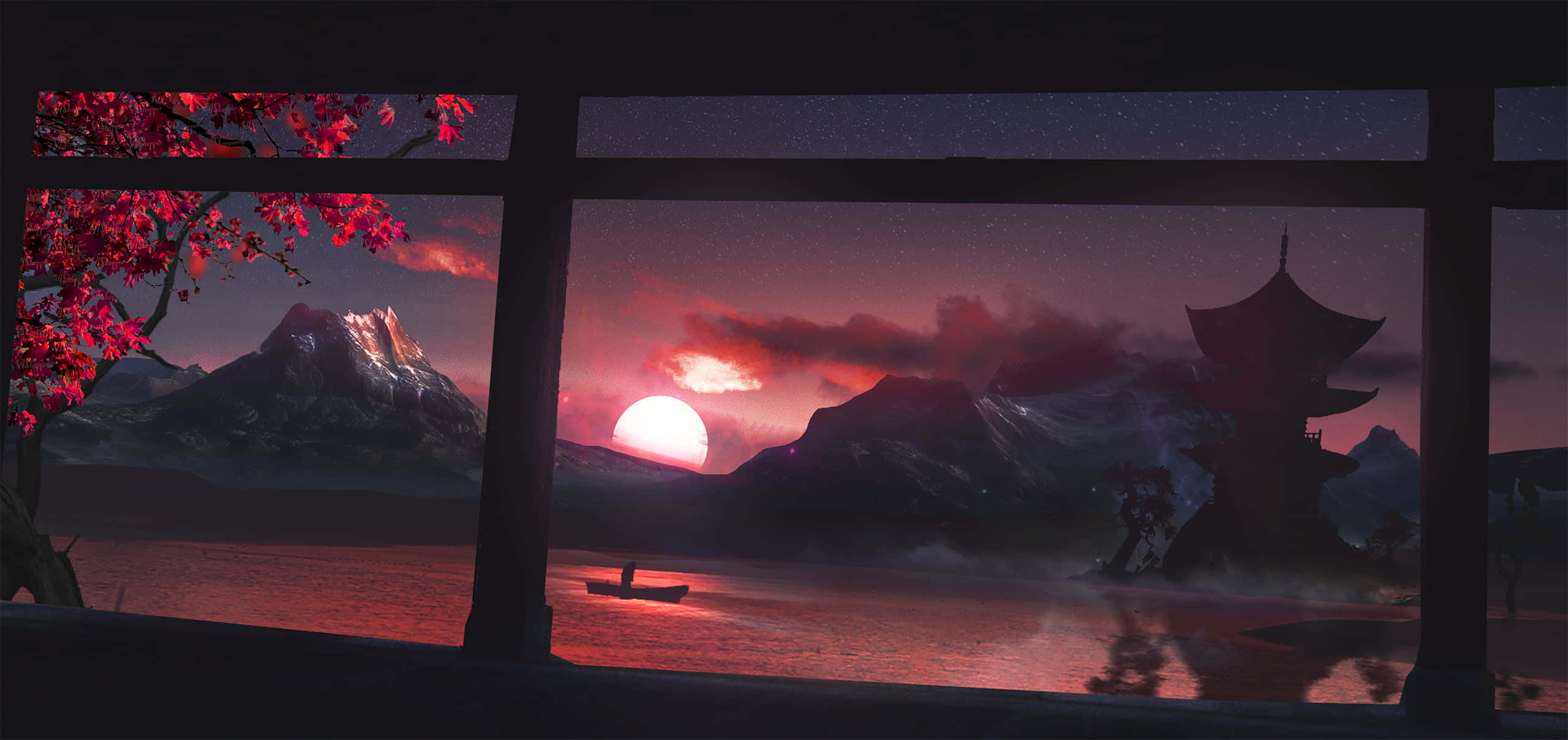 自然 桌布 壁紙 — 一個寧靜的黃昏場景，透過一個帶有鮮紅色楓葉的木框觀看，一艘孤獨的小船漂浮在平靜的湖面上，下方是發光的太陽和積雪的山脈。