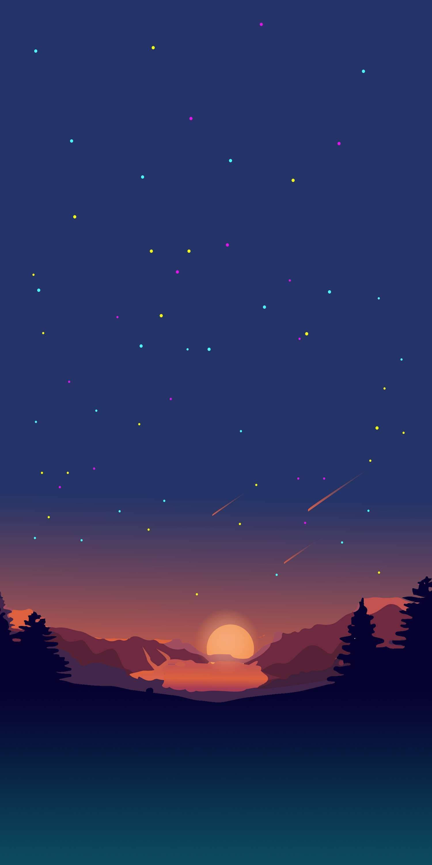 Stars 桌布 壁紙 — 一個寧靜的黃昏山景，發光的太陽在水面上落下，被松樹和帶有流星的星空框住。