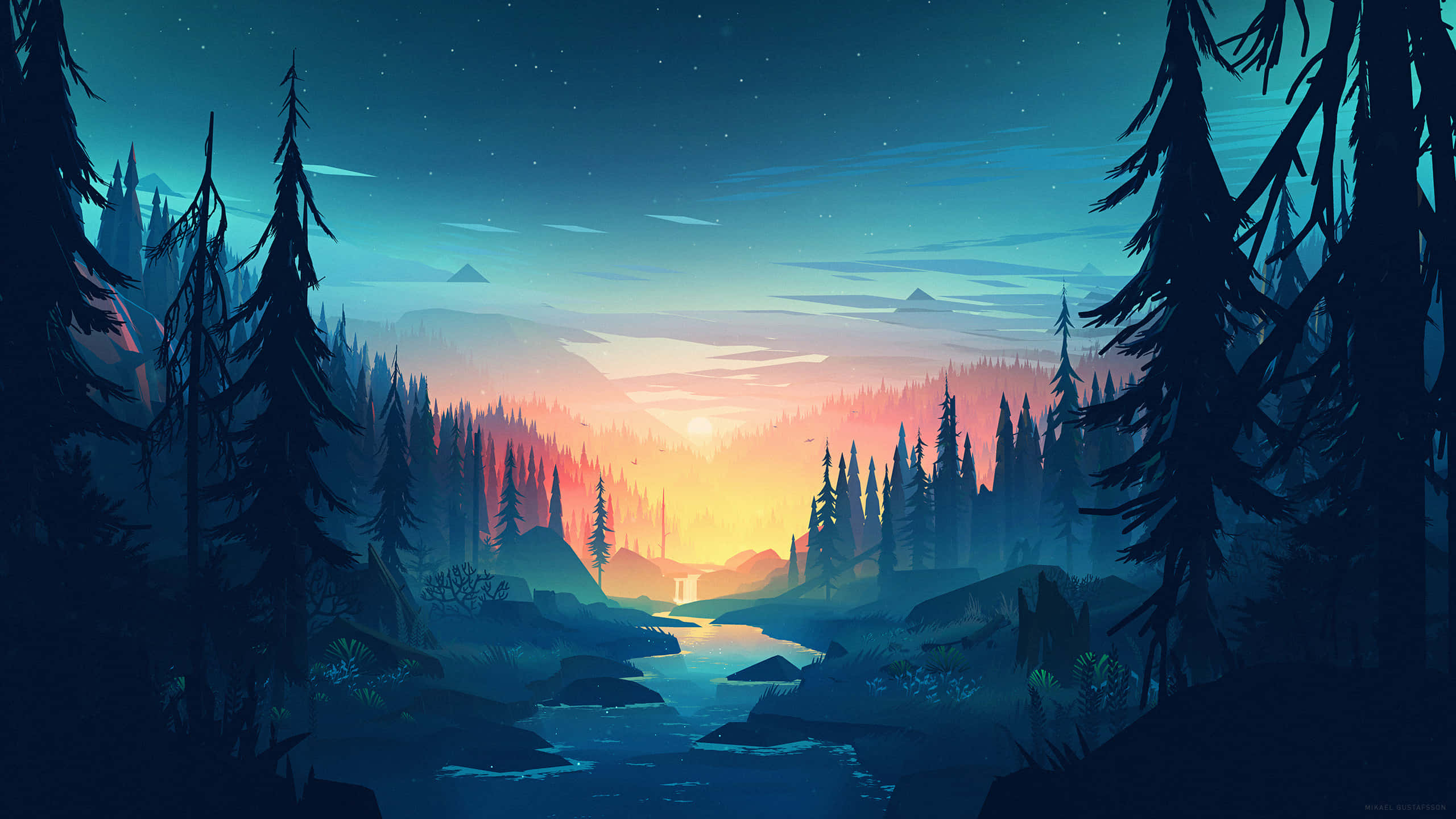 2560x1440 動態圖片 桌布 壁紙 — 一個寧靜的黃昏森林場景，發光的河流蜿蜒穿過松樹，星空下。