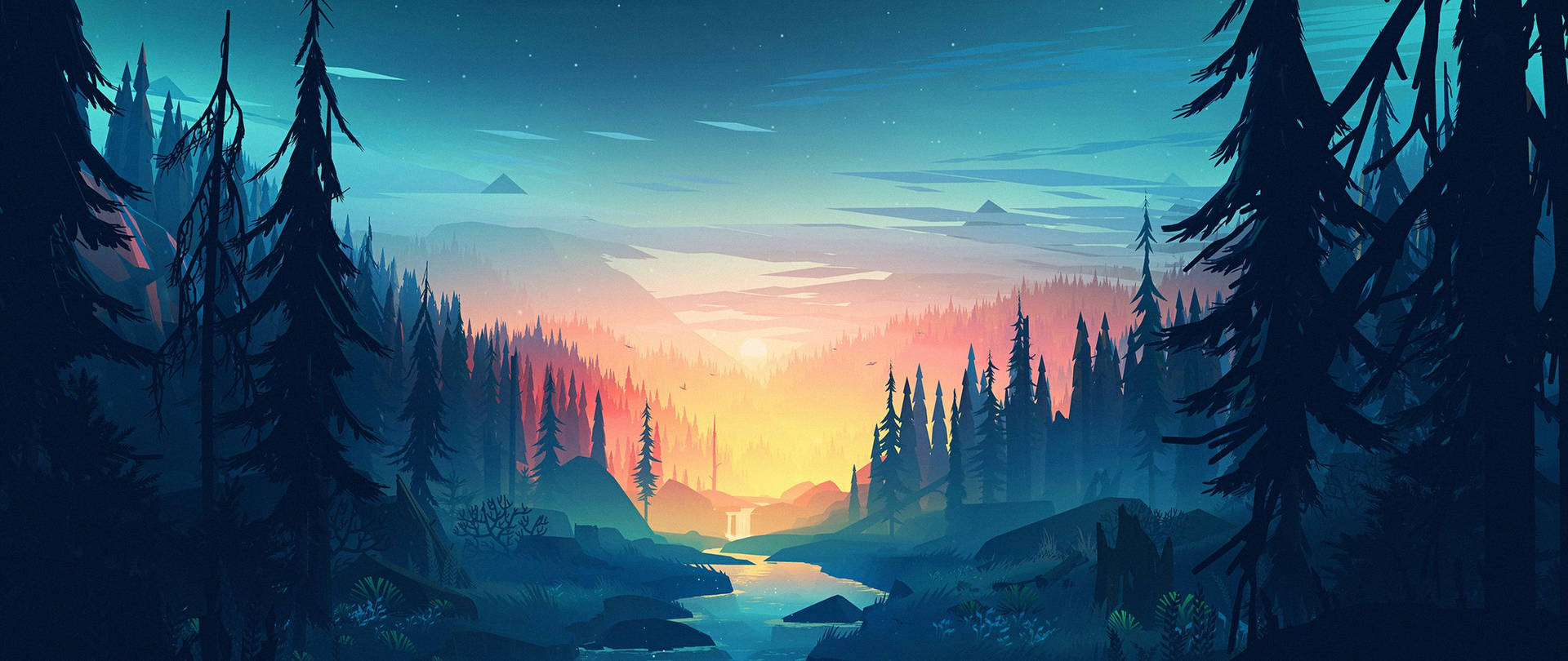 一個寧靜的黃昏森林，有發光的河流和星空。 — 2560x1080 動態桌布 壁紙