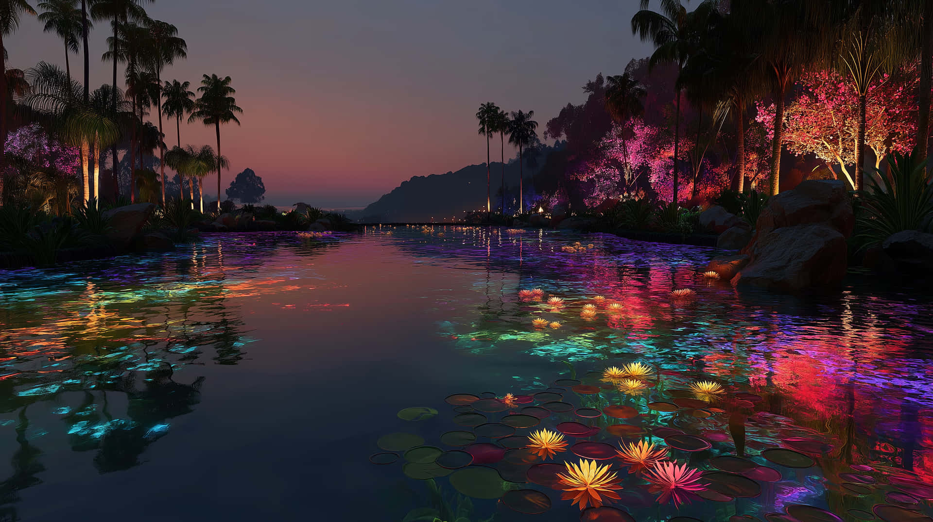 Enchanted Lagoon with Bioluminescent Flora at Twilight 壁紙 — 一個寧靜的黃昏池塘，閃爍著彩色燈光，倒映在睡蓮和棕櫚樹上。