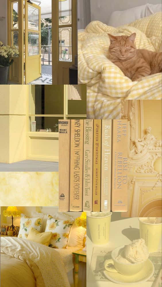 Aesthetic Yellow 桌布 壁紙 — 一個寧靜的黃色調拼貼畫， featuring 一隻睡著的貓、陽光普照的門口、復古書籍和一張帶有向日葵枕頭的舒適床。