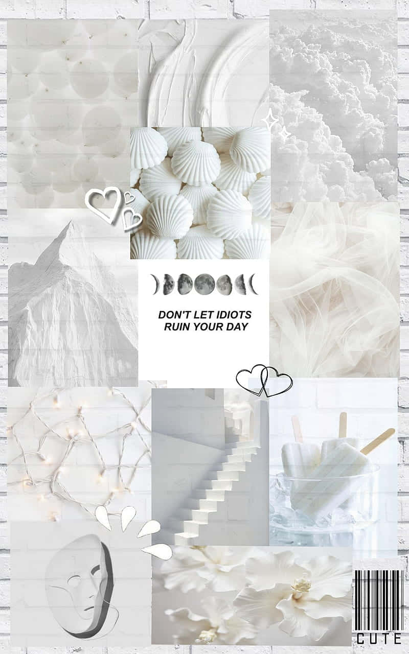 Soft White Aesthetic 桌布 壁紙 — 一個寧靜的黑白拼貼畫，包含白色貝殼、月相、樓梯、花朵和冰棒，襯以紋理背景。