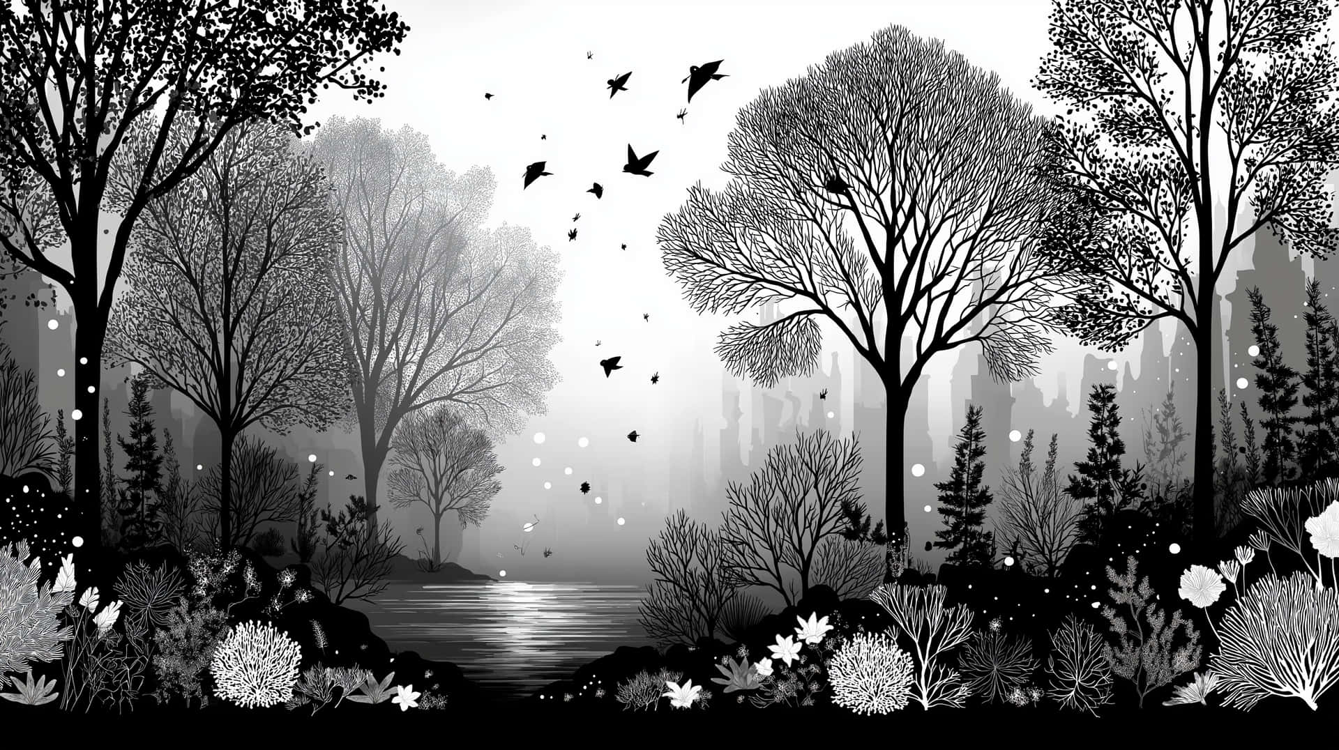 Monochromatic Misty Forest Landscape with Lake and Birds 壁紙 — 一個寧靜的黑白森林場景，有光禿禿的樹木、鳥兒在霧氣瀰漫的河流上空飛翔，前景有發光的白色花朵。