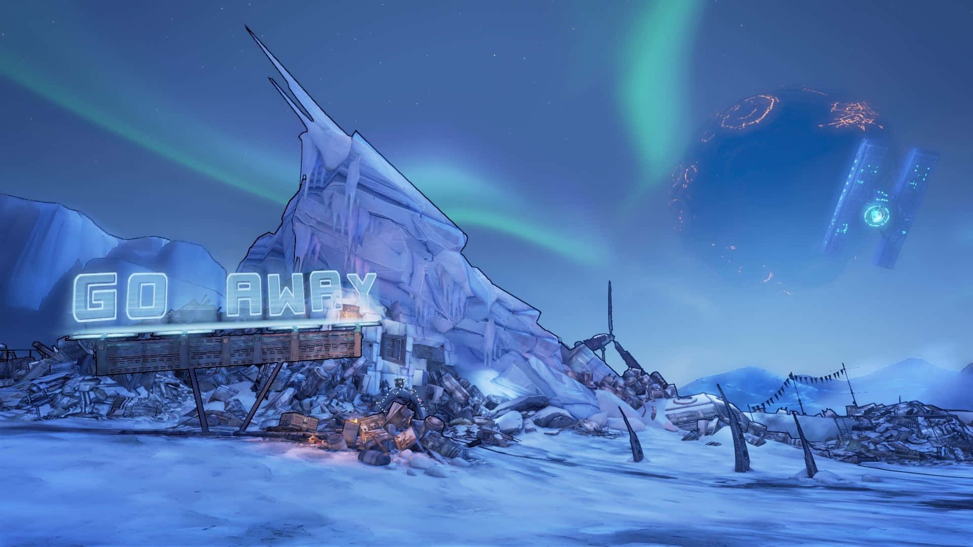 Borderlands 桌布 壁紙 — 一個寫著「GO AWAY」的霓虹燈牌在雪覆蓋的廢墟旁，在鮮豔的綠色極光和漂浮的外星飛船下發光。