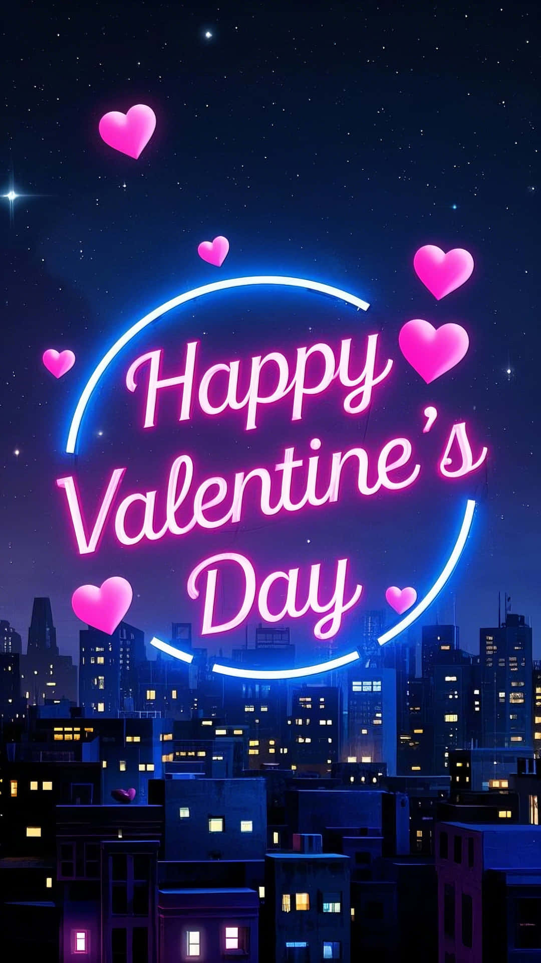 Glowing neon Valentine's text with vibrant colors and stars 壁紙 — 一個寫著 Happy Valentine's Day 的鮮豔霓虹招牌在星空下的城市景觀中閃爍著粉紅色和藍色光芒，周圍漂浮著心形。