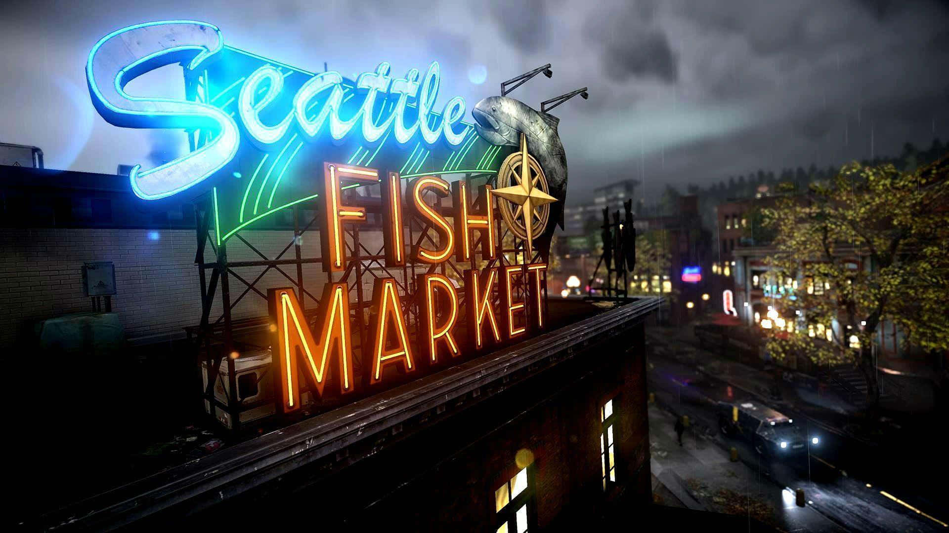 Signs 桌布 壁紙 — 一個寫著 Seattle Fish Market 的鮮豔霓虹招牌，在繁忙城市街道上方的雨夜天空中閃耀。