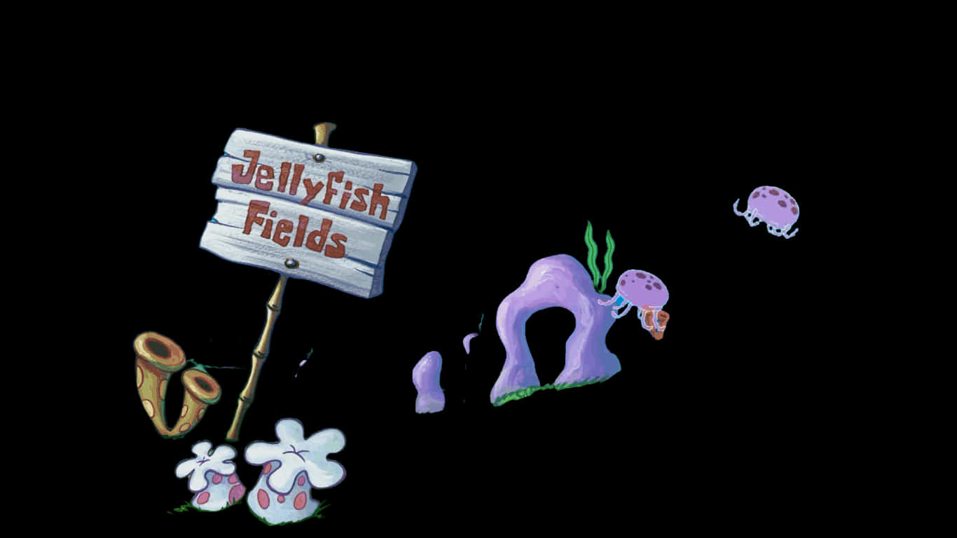 Jellyfish Fields 桌布 壁紙 — 一個寫著Jellyfish Fields的卡通標誌，旁邊有紫色水母和珊瑚，處於黑暗的水下場景。