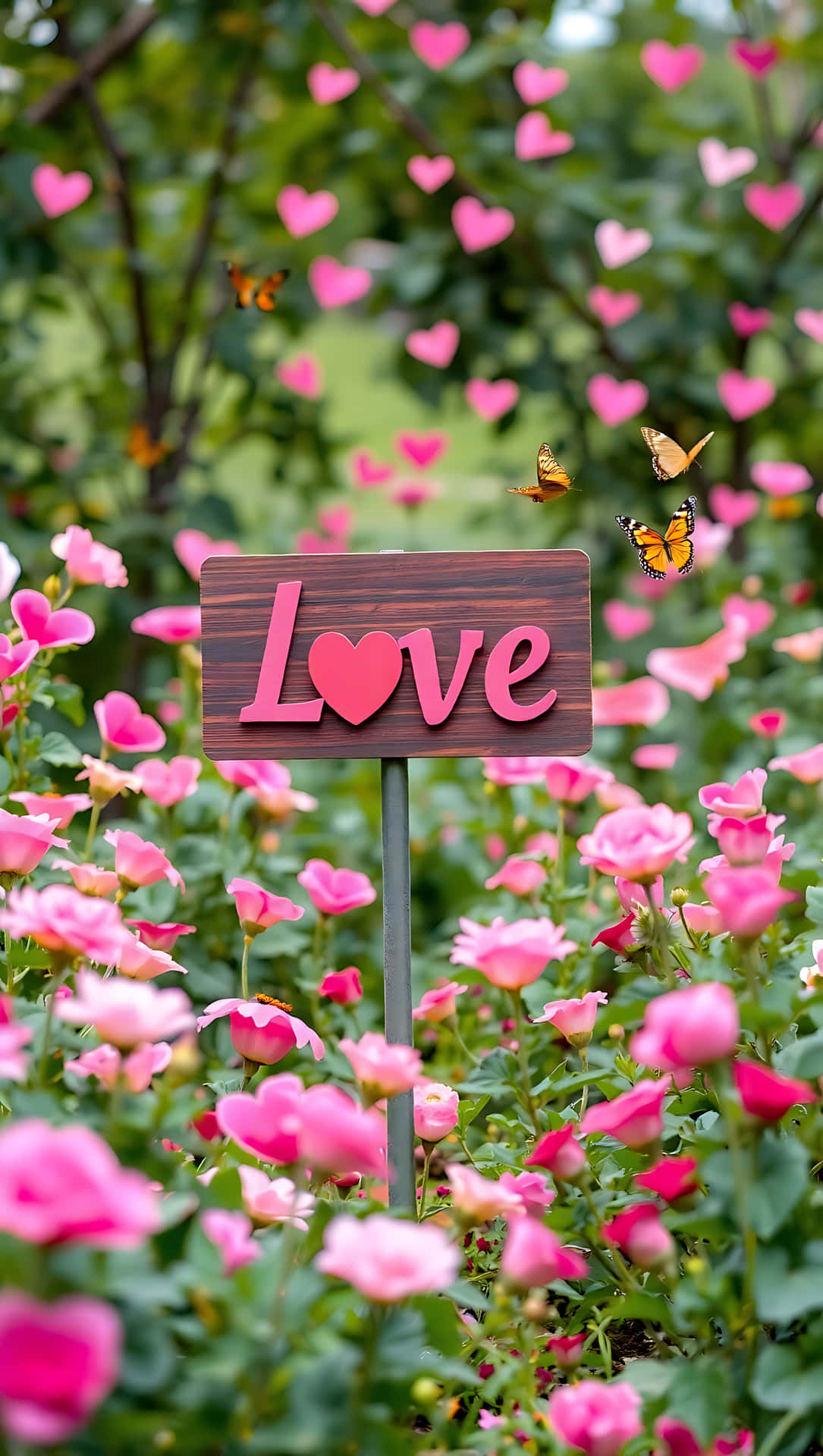 Love Sign in a Garden of Hearts smartphone wallpaper 壁紙 — 一個寫著Love的木製標牌，帶有一個粉紅色的心形，矗立在粉紅色玫瑰的花田中，蝴蝶翩翩飛舞，粉紅色的心形漂浮在空中。