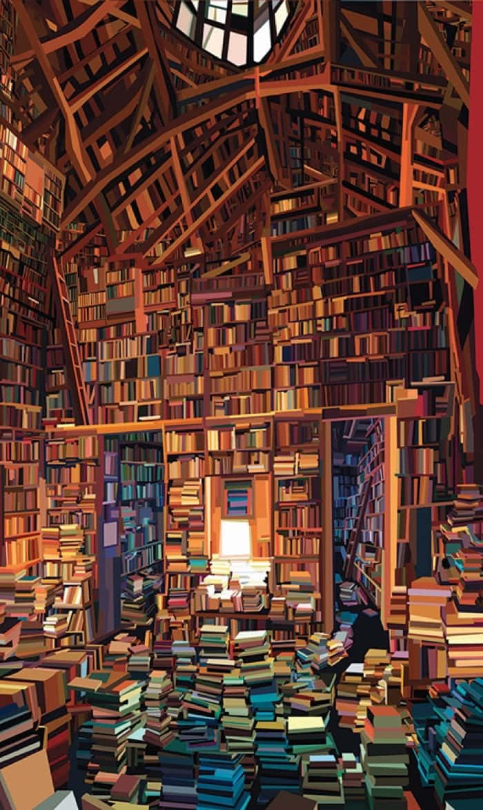 Library 桌布 壁紙 — 一個寬敞、色調溫暖的圖書館，擁有高聳的書架和頭頂上發光的窗戶，書籍高高堆疊在一個舒適、沉浸式的閱讀角落。