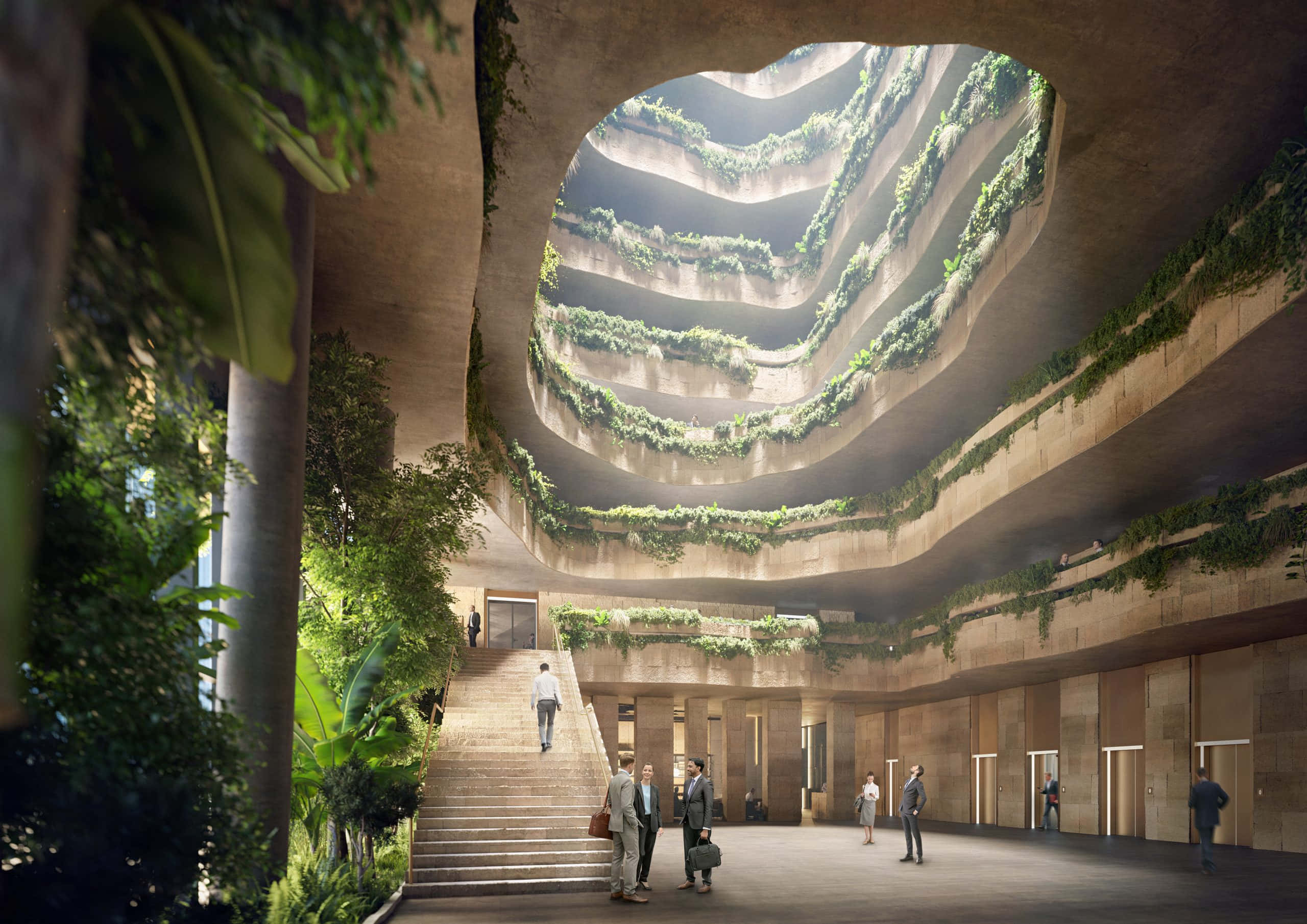 Green Buildings 桌布 壁紙 — 一個寬敞的現代中庭，設有階梯式綠牆，自然光透過弧形天窗灑落。